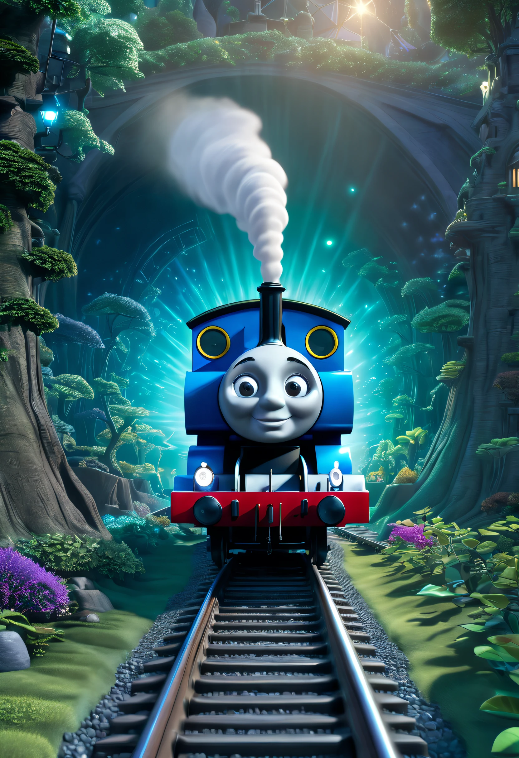 In a fantastical world of enchantment and wonder, (Thomas the train:1.3) and his friends are brought to life with mesmerizing luminosity and bioluminescent hues, their intricate details and symmetrical beauty showcasing the magical realism of their adventures., god rays, ray tracing, highres, best quality, high quality, 16k