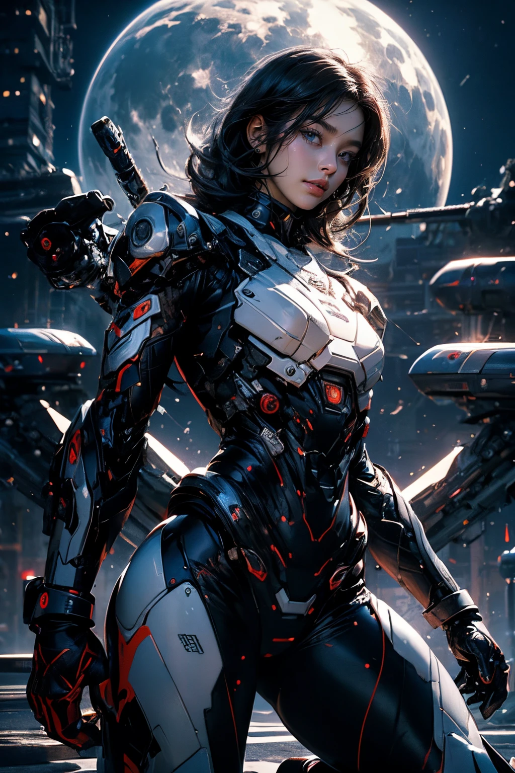 CG Mecha, Beautiful eyes, Upper body, （Mechanic Armor）, Portrait,jet suit、flying though the air、patrol、 police officers、flawless、Neon light, 8K, raw, Best Quality, masutepiece, 超A high resolution, Colorful, (medium wide shot), (Dynamic perspective), foco nítido , (depth of fields, Bokeh:1.3), extremely detailed eye and face,ninjartist, Beautiful detailed eyes、Black gold, Trimmed gear:1.2), ((masutepiece, Best Quality)), Detailed background, Inside the spacecraft、Hold your weapon、（Gray hair）、brue eyes、poneyTail、dirty、bio luminescent、fullmoon、Photographed with Canon R5、Get down on one knee、Dark Fantasy,​masterpiece,connected to the plug、spectrum、the chaos