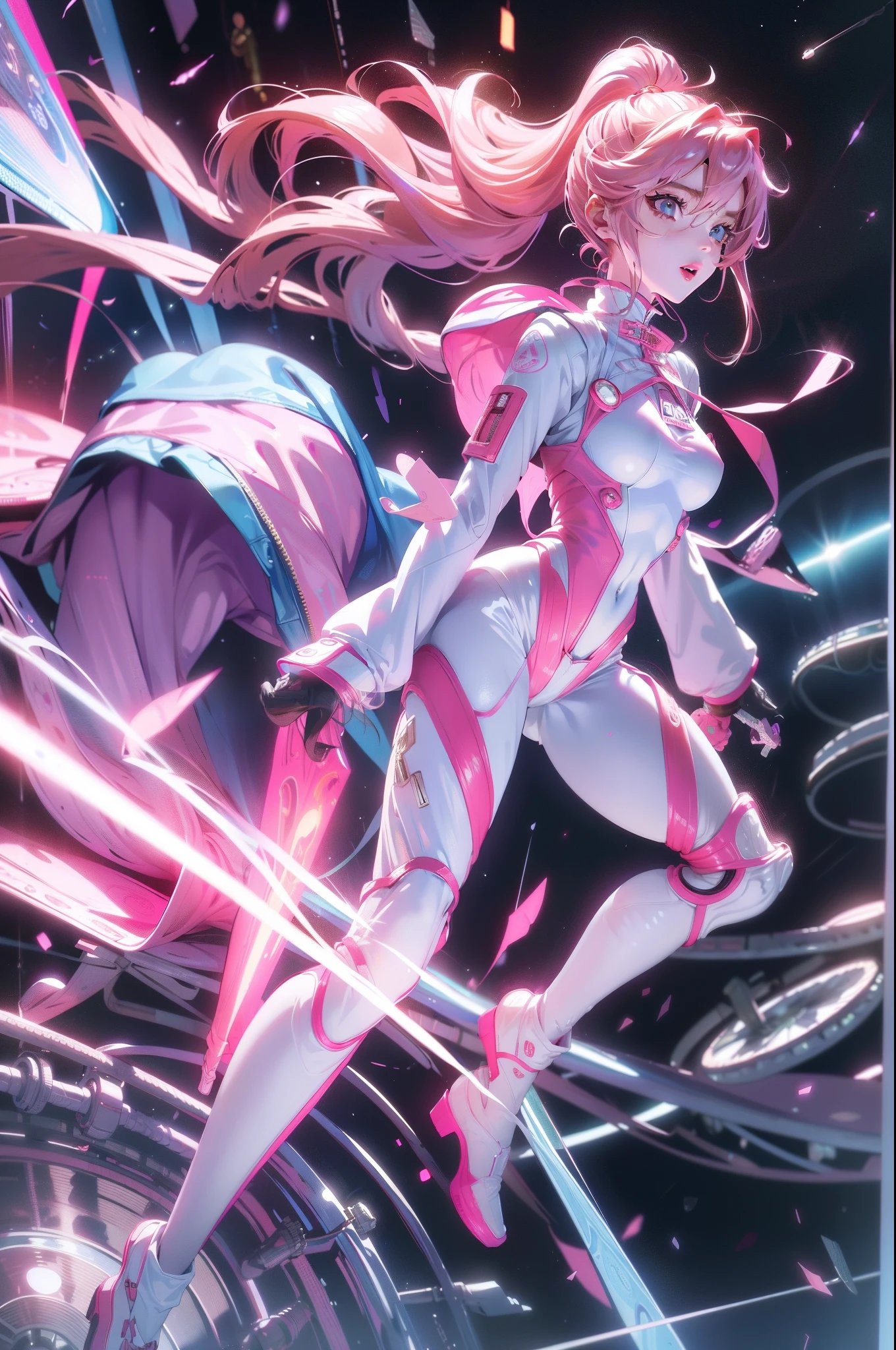 (tmasterpiece:1.3),(Best quality at best:1.3),。.3D,8K,.1 busty girl,独奏,with pink hair,a pink eyes,shelmet,Full body lesbian,Spacesuit,tightsuit,mitts,Stood up,Q version
