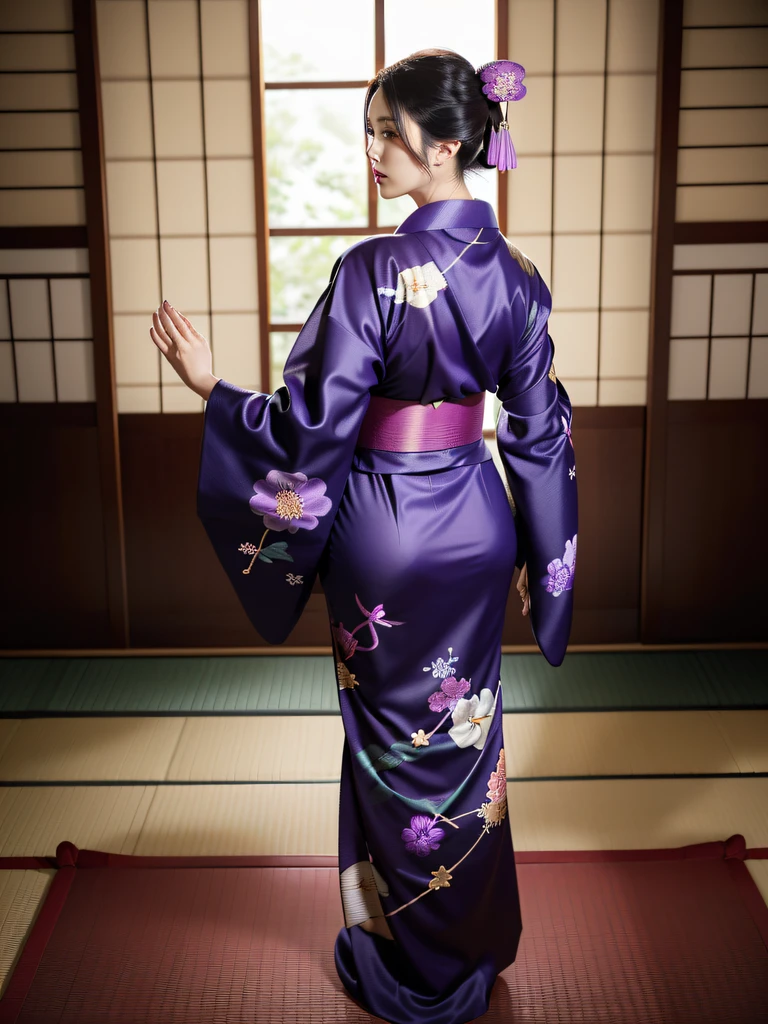 (Beautiful model in Japanese kimono commercial, beautiful straight long black hair), solo, ((face is 80% beauty and elegance, 20% pretty and cute:1.5)), clear eyes, (detailed eyes, light green eyes, bright pupils), Double Eyelids, (sexy lips with a little thickness:1.2), ((super detailed and incredibly high resolution Deep-purple Kimono:1.2)), Highly Detailed Face Texture, striking body shape, curvy and very attractive woman, high-resolution RAW color photo pro photo, BREAK ultra high-resolution textures, High-res body rendering, big eyes, unparalleled masterpiece, incredible high resolution, super detailed, stunning ceramic skin, BREAK ((Facing back to show the pattern of the Kimono:1.5)), ((Wearing a Yohen-Tenmoku kimono that uses a lot of glittering Deep-purple:1.5)), ((The main color is Deep-purple and the Yohen-Tenmoku Kimono has very colorful embroidery:1.2)), (Half-collar and Obi are White) ,(elaborately made classical Japanese Yohen-Tenmoku Kimono), ((The embroidery pattern is a Yohen Tenmoku pattern reminiscent of outer space):1.2), ((elaborately and elegantly decorated Deep-purple Kimono)), (Taken in front of a round fusuma window in a Japanese-style room)) BREAK ((Best Quality, 8k)), Crisp Focus:1.2, (Layer Cut, Big:1.2), (Beautiful Woman with Perfect Figure:1.4), (Beautiful and elegant rear view:1.3), Slender waist, (Correct hand shape:1.5), (Full body shot | cowboy shot)