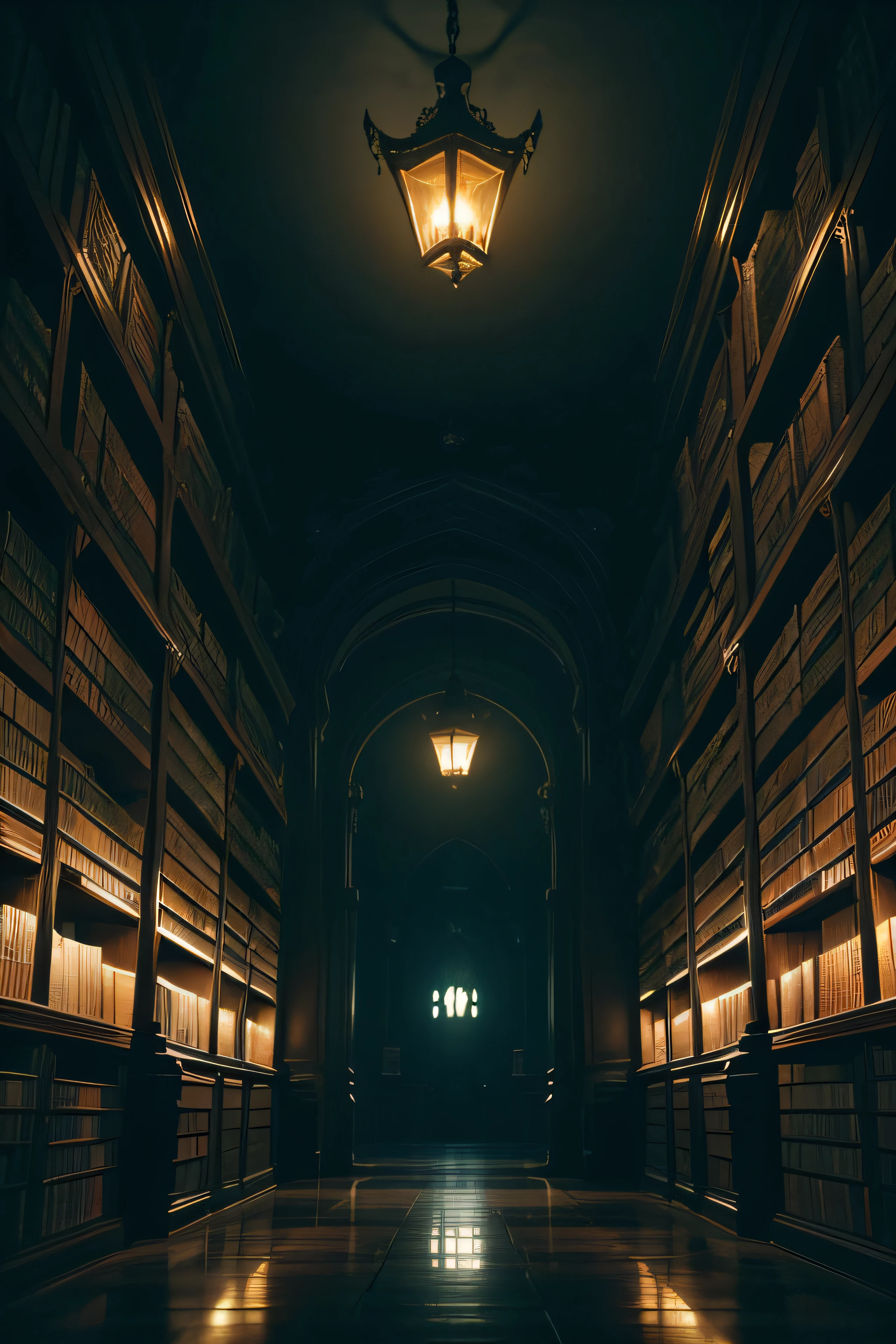 a large, dark library, with an orange ambiance and several owls flying among the shelves, (best quality, ultra-detailed), (dark and mysterious atmosphere), (gloomy and shadowy lighting), (detailed and intricate book covers), (vivid colors), (haunting and eerie feeling)