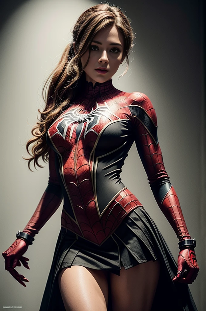 Alexandra Breckinridge、Sticking out the navel、newyork、She wears a torn Spider-Man suit,wearing skirt、 Red and black color scheme,Dynamic、masterpiece、top-quality、ultra-detailliert、ighly detailed、beautiful detailed brilliance、超A high resolution