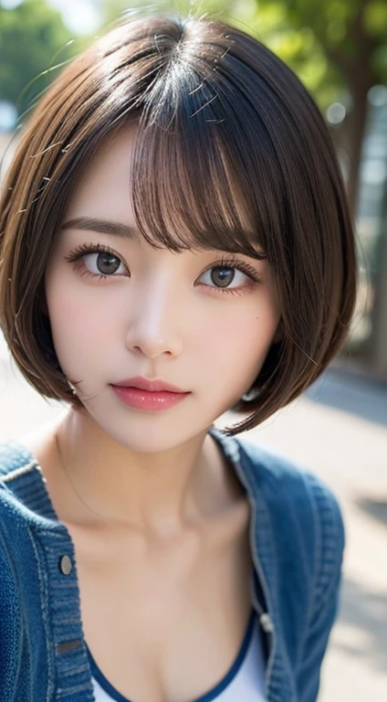 masterpiece:1.3), (8K, Realistic, RAW Photos, Best image quality: 1.4), Japanese women、Baby Face、(Random Hairstyles:1.2)、Highly detailed face、Attention to detail、double eyelid、Beautiful woman:1.4、Light brown hair、Highest quality、masterpiece、Ultra-high resolution、(Realistic:1.4)、Smile with professional lighting and attention to detail、Loose、thin、short hair、Deadly position、Full body image、 town、