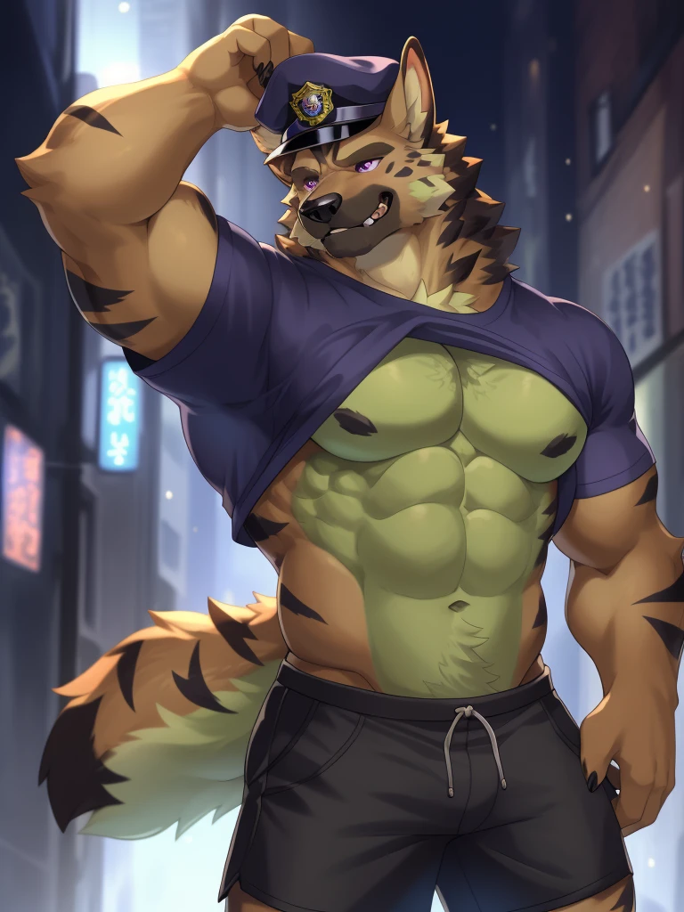 独奏，german shepherd orc，midynight，Hazen，brown abdomen，Black stripes， （fine fluffy fur， Delicate fur texture：1.2）， male people， 独奏， Muscle tissue，Muscular，Vigorous， police hat，Black  shorts：1， end， detailedbackground， Laneway background， realistically， ultra real photo，Correct human proportions， ultra - detailed，（put shirt in mouth，Exposing the abdomen），take off shirts，ssmile，Handsome，sharp talons，purpleeyes，face flushed，詳細な目