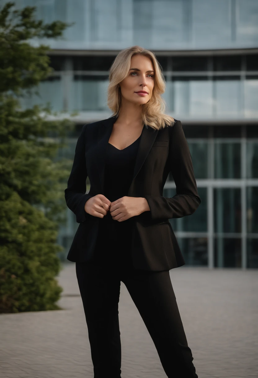 Waist up shot of a blonde, blue-eyed woman wearing a black blazer and black business trousers, which stands in an office, Business-Kleidung, Panoramablick auf die Stadt, RAW-Foto, Hochdetaillierter Skin ,8K UHD, DSLR, Sanftes Licht, High quality, Filmkorn, Fujifilm XT3.