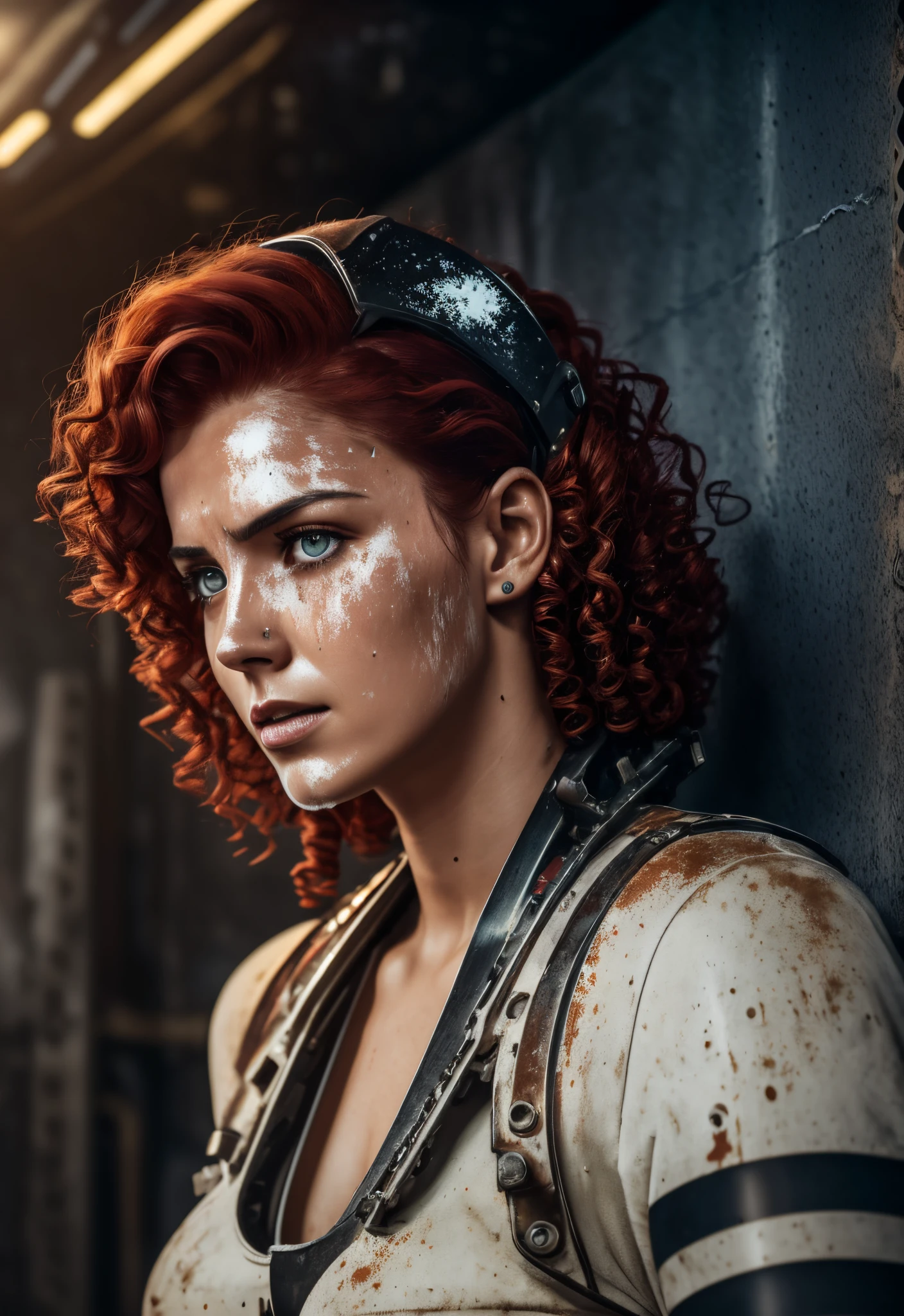 a (((mechanical woman with engine oil stains on her face))), with a fearful expression, with red curly hair, in white clothes, with jeans with women's straps, in a (((old basement) )) and dark with black shadow, and an aurora light illuminating the woman's face, 3D style, cinematic, midjorney, 8K, with frontal position, black engine oil stain, full of grease, ratio: [1024x1024] resolutivo: [1:1] quality UHD --auto --s2