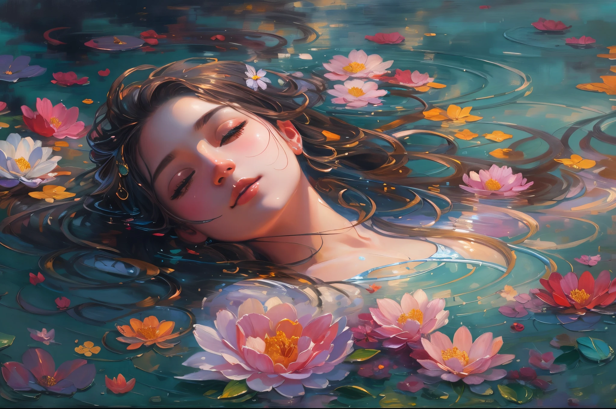 (best quality,8K,high resolution,masterpiece:1.2),oil painting,a girl floating in the water surrounded by flowers, a beautiful art illustration, serene illustration, artwork in the style of Guviz, vivid colors, delicate brushstrokes, ethereal lighting, detailed facial features, flowing hair, dreamlike atmosphere, water reflections, subtle textures, graceful pose, tranquil expression, surreal elements, enchanting scenery, captivating beauty, subtle emotions, mesmerizing composition, rich color palette, exquisite details, enchanting ambiance.