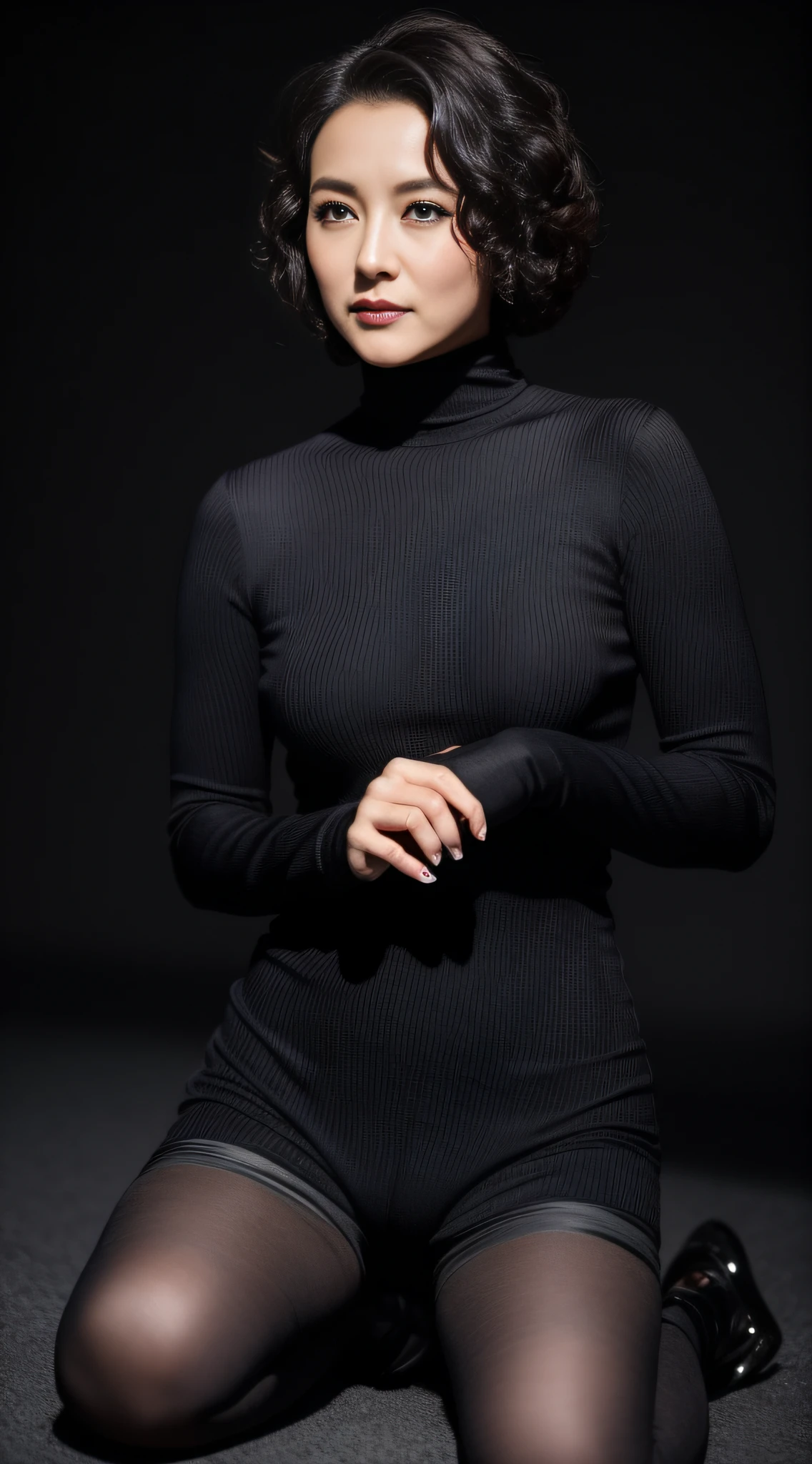 tmasterpiece,Best quality at best, (A mature woman), ((looking-down, looking at viewert)), cosmetics, Elegant black turtleneck see-through outfit,Black oily pantyhose with curly hair, ((temptation expression, ssmile:0.3)),