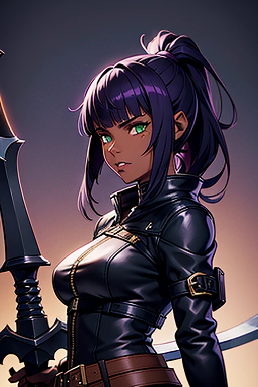 1girl, Miqo'te Final Fantasy 14, wears Reaper Job, Leather Clothes, Scythe (weapon) , Black and Purple Hair, Green eyes, Ponytail, Darker Skin Tone, cat tail; Portrait, in space,