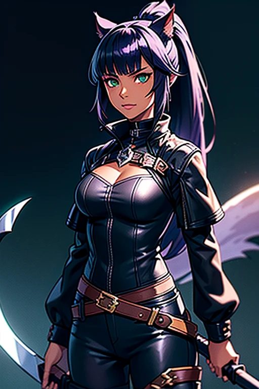 1girl, Miqo'te Final Fantasy 14, wears Reaper Job, Leather Clothes, Scythe (weapon) , Black and Purple Hair, Green eyes, Ponytail, Darker Skin Tone, cat tail; Portrait, in space,