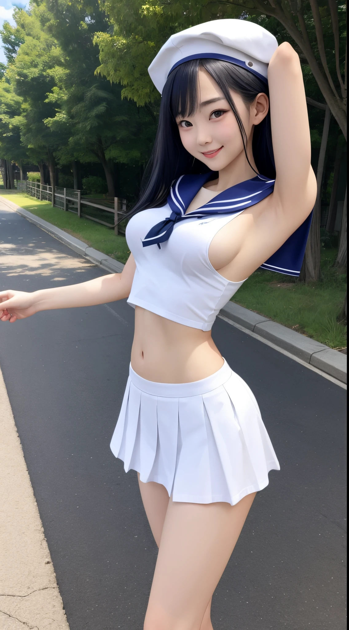 top-quality、realistic touch,high-detail、photoRealstic、big eye、lean and slender body、huge tit、wearing clothes that are too small、Strong eyelashes、A sexy、full body Esbian、Submissive smile、Flushed cheeks、Kamimei、thin-waist、Voluptuous thighs、Enraptured look、Country road side、high school student in sailor suit、sleeveless、Tall、Her skirt is too short and her butt is visible.、long slender legs、Thin long eyebrows、Sensational attire、 I can see your breasts from the side、clothes with wide open sides、sexy pose