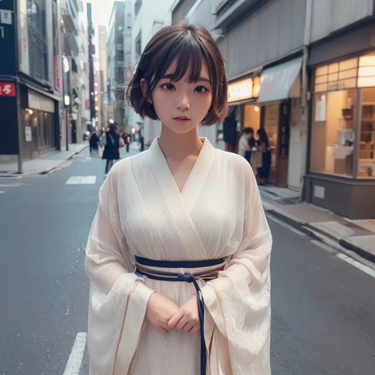 (Dress）、(top-quality,​masterpiece:1.3,超A high resolution,),(ultra-detailliert,Caustics),(Photorealsitic:1.8,RAW shooting,)Ultra-realistic capture,A highly detailed,high-definition16Kfor human skin、 Skin texture is natural、、The skin looks healthy with an even tone、 Use natural light and color,One Woman,japanes,,kawaii,Shorthair,Middle hair,(depth of fields、chromatic abberation、、Wide range of lighting、Natural Shading、)、(Hair swaying in the wind:1.0)、street corner