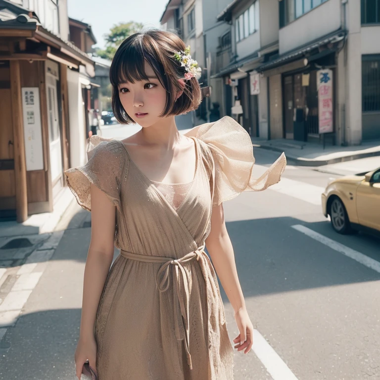 (Dress)、(top-quality,masterpiece:1.3,超A high resolution,),(ultra-detailliert,Caustics),(Photorealsitic:1.8,RAW shooting,)Ultra-realistic capture,A highly detailed,high-definition16Kfor human skin、 Skin texture is natural、、The skin looks healthy with an even tone、 Use natural light and color,One Woman,japanes,,kawaii,Shorthair,Middle hair,(depth of fields、chromatic abberation、、Wide range of lighting、Natural Shading、)、(Hair swaying in the wind:1.0)、street corner