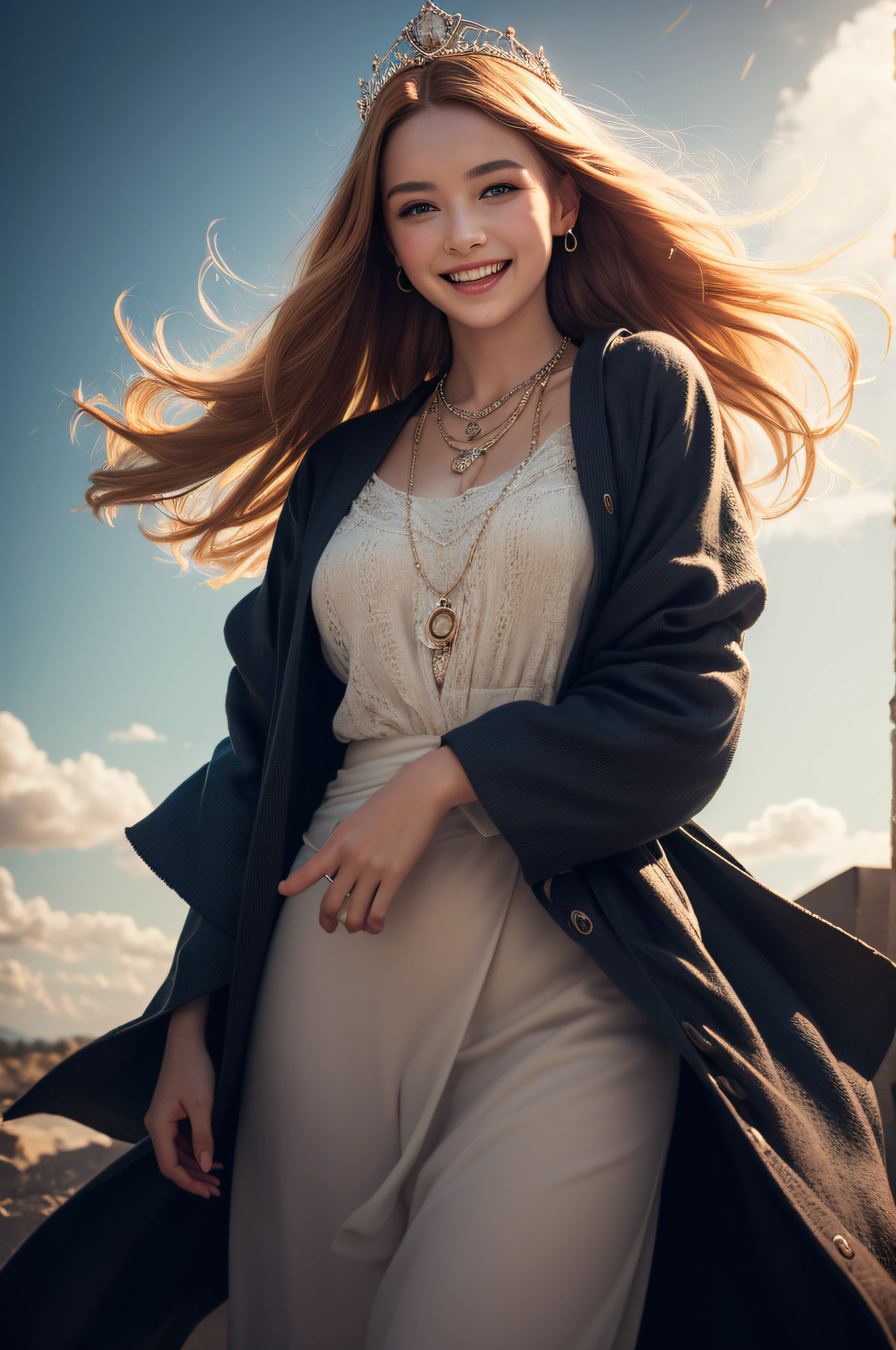 Young goddess, (Her clothes are all flipping up by extremely strong wind:1.5), (wearing robe, tiara, necklace, (blonde | auburn) hair, blue eyes), (background random great nature), (laughing, big smiling), { (dramatic lighting:1), (rembrandt lighting:1.2), surrealism, god rays }, ((masterpiece, 8K highest resolution)), wide view, { (seen from back:0), (reveal pelvis:0) }