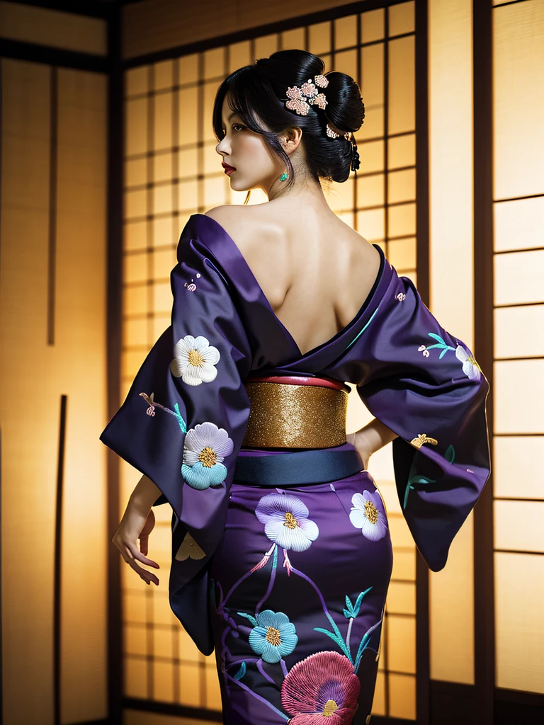 (Beautiful model in Japanese kimono commercial, beautiful straight long black hair), solo, ((face is 80% beauty and elegance, 20% pretty and cute:1.5)), clear eyes, (detailed eyes, light green eyes, bright pupils), Double Eyelids, (sexy lips with a little thickness:1.2), ((super detailed and incredibly high resolution Deep-purple Kimono:1.2)), Highly Detailed Face Texture, striking body shape, curvy and very attractive woman, high-resolution RAW color photo pro photo, BREAK ultra high-resolution textures, High-res body rendering, big eyes, unparalleled masterpiece, incredible high resolution, super detailed, stunning ceramic skin, BREAK ((Facing back to show the pattern of the Kimono:1.5)), ((Wearing a Yohen-Tenmoku kimono that uses a lot of glittering Deep-purple:1.5)), ((The main color is Deep-purple and the Yohen-Tenmoku Kimono has very colorful embroidery:1.2)), (Half-collar and Obi are White) ,(elaborately made classical Japanese Yohen-Tenmoku Kimono), ((The embroidery pattern is a Yohen Tenmoku pattern reminiscent of outer space):1.2), ((elaborately and elegantly decorated Deep-purple Kimono)), (Taken in front of a round fusuma window in a Japanese-style room)) BREAK ((Best Quality, 8k)), Crisp Focus:1.2, (Layer Cut, Big:1.2), (Beautiful Woman with Perfect Figure:1.4), (Beautiful and elegant rear view:1.3), Slender waist, (Correct hand shape:1.5), (Full body shot | cowboy shot)