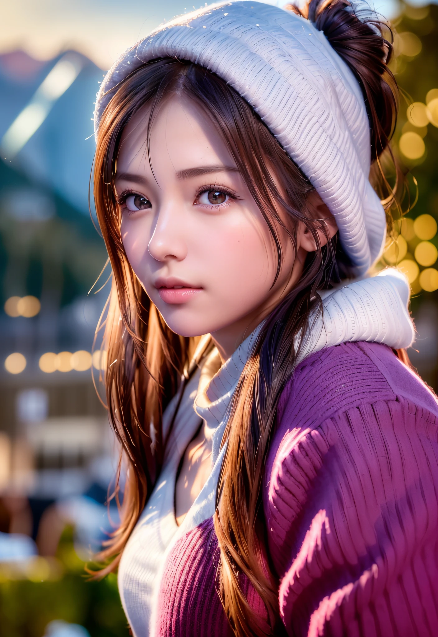 8K, of the highest quality, masutepiece:1.2), (Realistic, Photorealsitic:1.37), of the highest quality, masutepiece, Beautiful young woman, Pensive expression,、A charming、and an inviting look, skiing、snowboarder、Ski Wear, Hair tied back, Cinematic background, Light skin tone、ski slope background