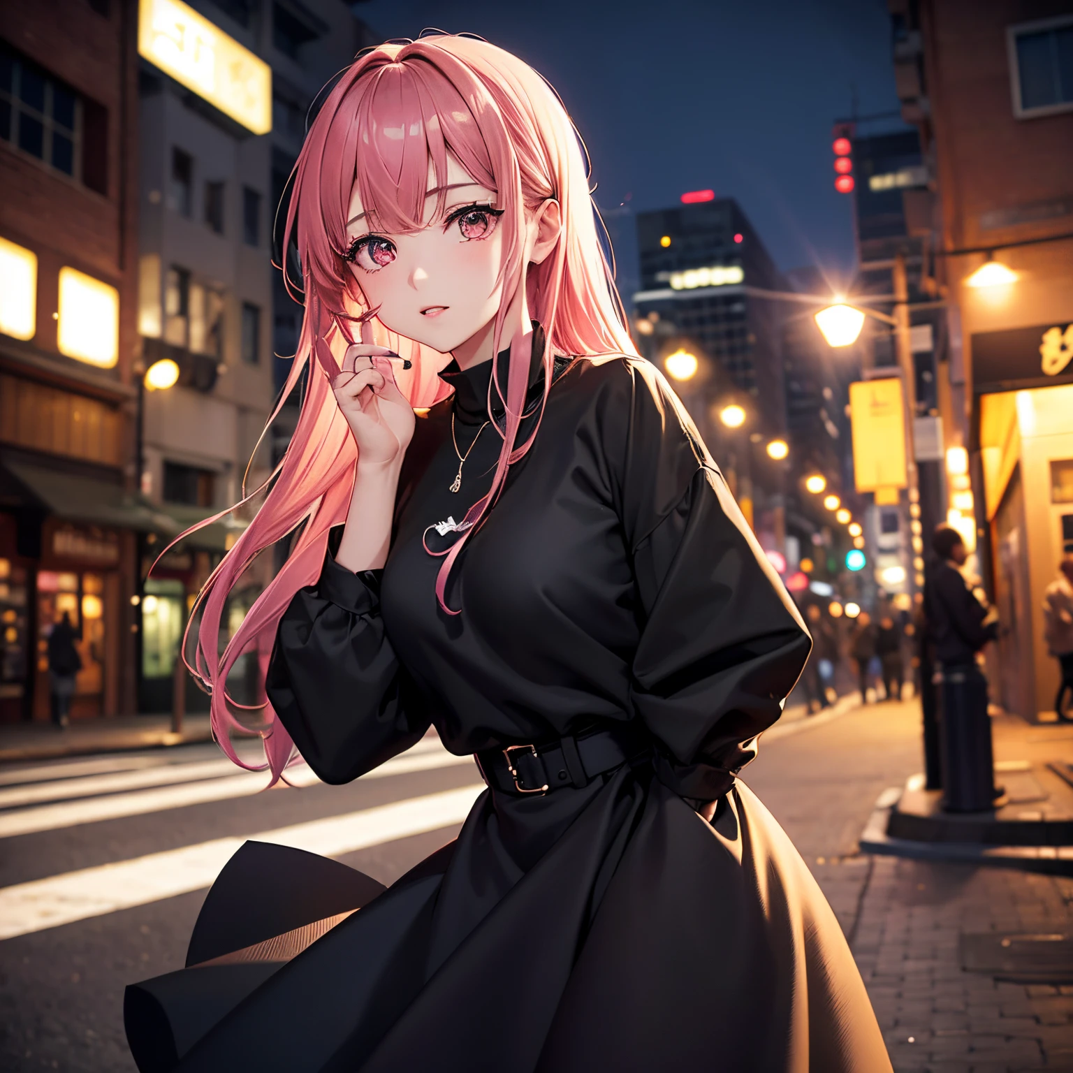 (masterpiece、top-quality)、Put your hands under your chin、Black Dress、Blurred foreground,Gogeta,17 years old girl,Wearing modern clothes,Beautiful eyes and face,Cool hairstyle, Semi-long hair with bangs on the face, A pink-haired, Childhood expressions,Confident poses,urban backdrop,Artistic portrait,digitial painting,ultra-detailliert,Haute,Physically-based rendering,vivd colour,Studio Lighting,foco nítido,Bokeh,Photorealista.