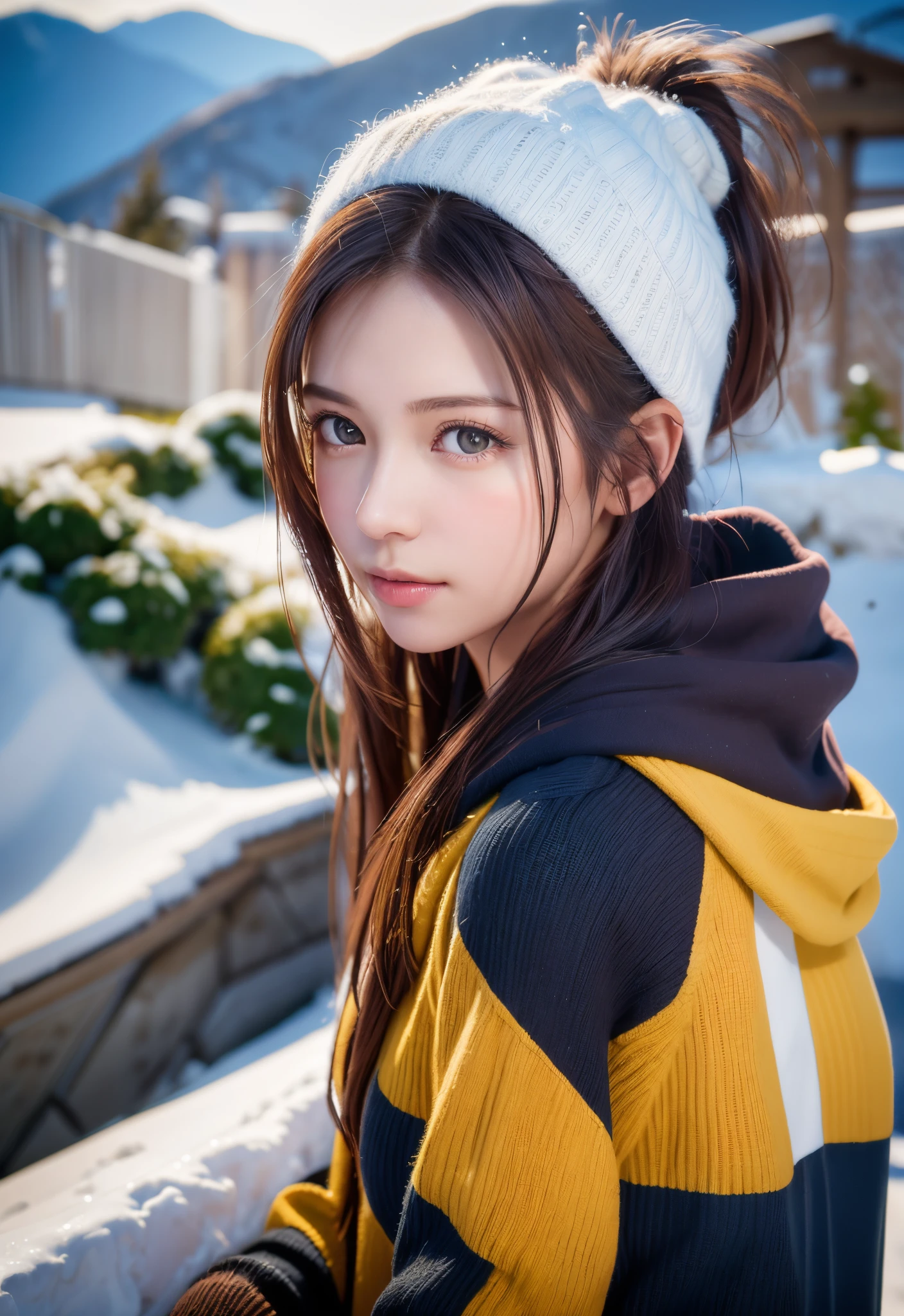 8K, of the highest quality, masutepiece:1.2), (Realistic, Photorealsitic:1.37), of the highest quality, masutepiece, Beautiful young woman, Pensive expression,、A charming、and an inviting look, skiing、snowboarder、Ski Wear, Hair tied back, Cinematic background, Light skin tone、ski slope background