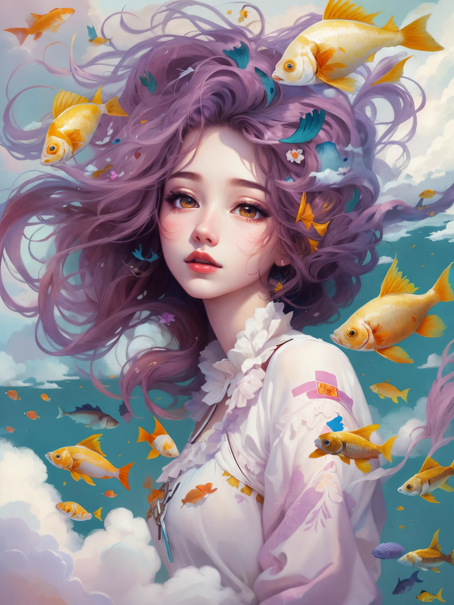 tmasterpiece:illustratio,(dream girl in the clouds,hair messy,exquisite facial features),Beautiful fish,Abundant fish, float around her, Fluffy clouds,White thin shoulder straps,airy,Detailed digital art,Complex digital art,Kandinsky style artwork,beautiful portraits,A beautiful artistic illustration,Soothing,like a dream