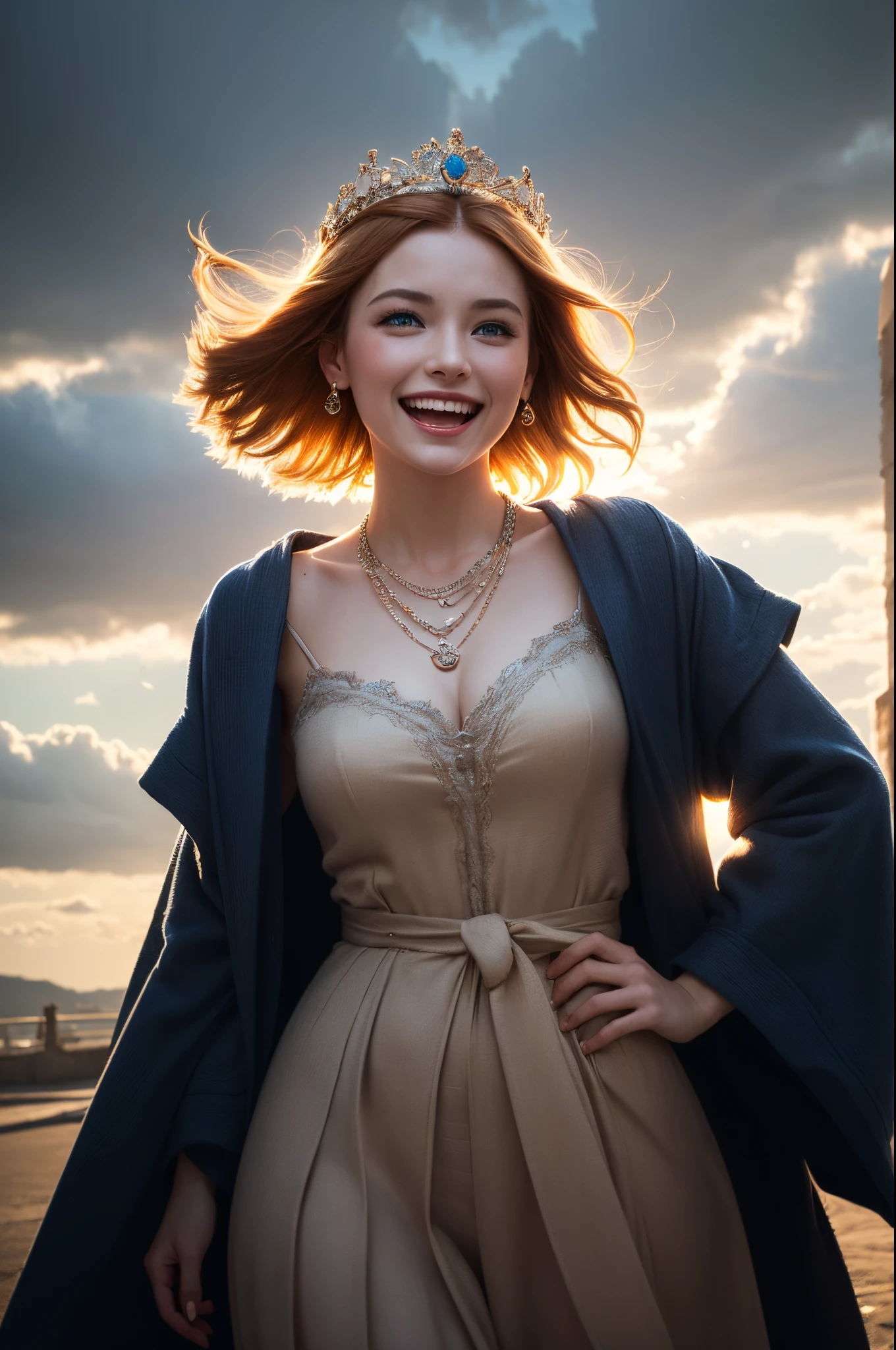 Young goddess, (Her clothes are all flipping up by extremely strong wind:1.5), (wearing robe, tiara, necklace, (blonde | auburn) hair, blue eyes), (background random great nature), (laughing, big smiling), { (dramatic lighting:1), (rembrandt lighting:1.2), surrealism, god rays }, ((masterpiece, 8K highest resolution)), wide view, { (seen from back:0), (reveal pelvis:0) }