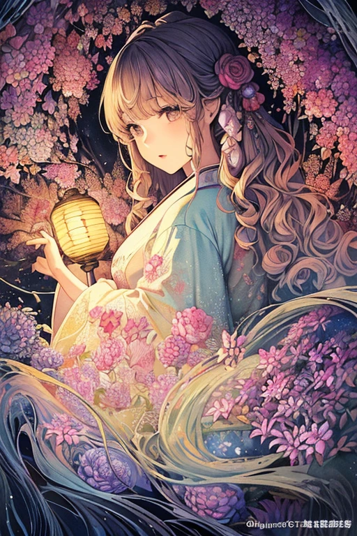 (masterpiece、top-quality、top-quality、watercolor paiting(Curly)、Official art、Beautifully Aesthetic:1.2)、(1girl in:1.3)、(Fractal Art:1.3)、(Kimono)、The upper part of the body、From Side、looking at the viewers、patterns、Flowers and Birds Fugetsu、Yuki、Thousand Cranes、云、lantern、starrysky、stele、