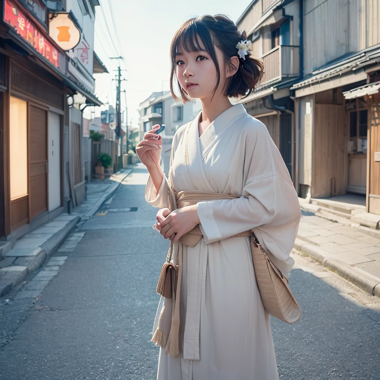 (top-quality,​masterpiece:1.3,超A high resolution,),(ultra-detailliert,Caustics),(Photorealsitic:1.8,RAW shooting,)Ultra-realistic capture,A highly detailed,high-definition16Kfor human skin、 Skin texture is natural、、The skin looks healthy with an even tone、 Use natural light and color,One Woman,japanes,,kawaii,Shorthair,Middle hair,(depth of fields、chromatic abberation、、Wide range of lighting、Natural Shading、)、(Hair swaying in the wind:1.0)、street corner