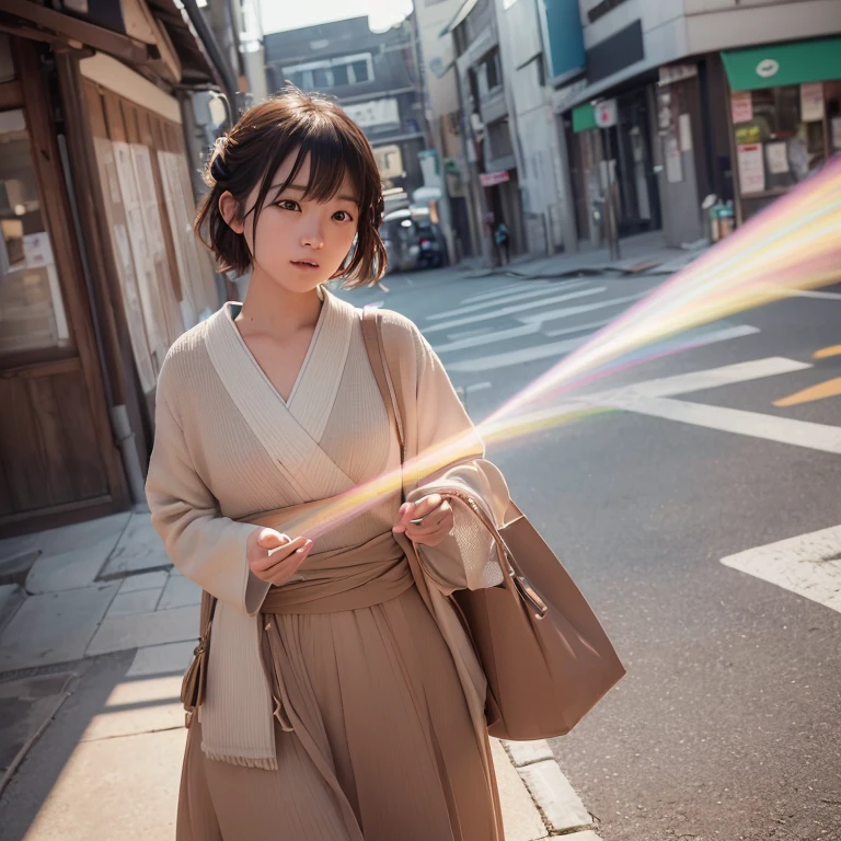 (top-quality,masterpiece:1.3,超A high resolution,),(ultra-detailliert,Caustics),(Photorealsitic:1.8,RAW shooting,)Ultra-realistic capture,A highly detailed,high-definition16Kfor human skin、 Skin texture is natural、、The skin looks healthy with an even tone、 Use natural light and color,One Woman,japanes,,kawaii,Shorthair,Middle hair,(depth of fields、chromatic abberation、、Wide range of lighting、Natural Shading、)、(Hair swaying in the wind:1.0)、street corner