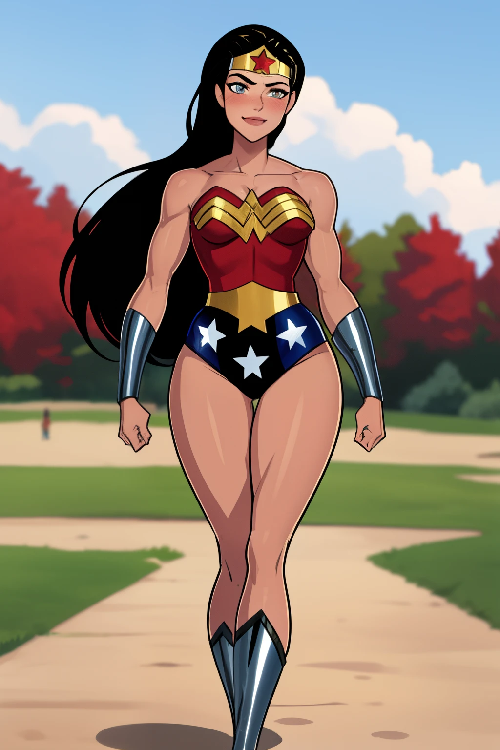 Wonderwomanfit, cabelos muito longos, cabelos pretos, cabelo entre os olhos, Olhos azuis, (Cosplay perfeito de  Wonderwoman), roupas brilhantes, impossible bodysuit, Pele apertada, bodysuit estrelado, Olhando para o Viewer sorrindo, (blush vermelho),(pernas musculosas:1.3), (heroic pose), (she's strolling through Central Park)