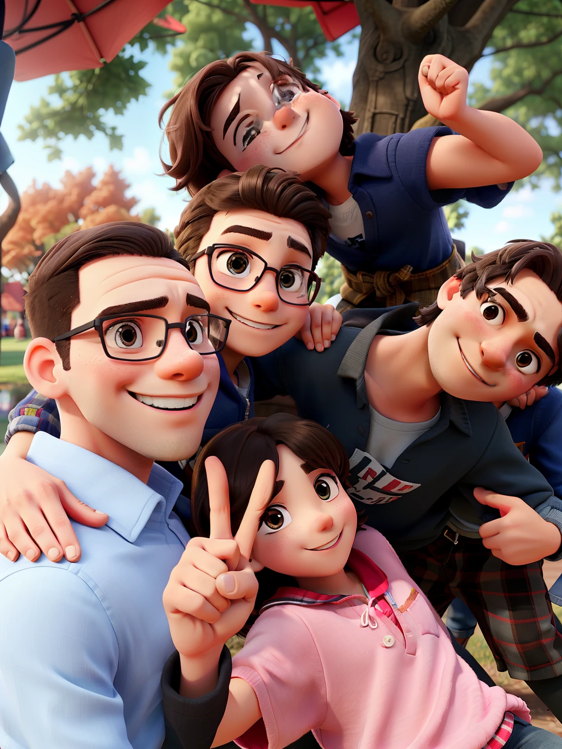 a man plus three girls and a boy in a park with everyone smiling.