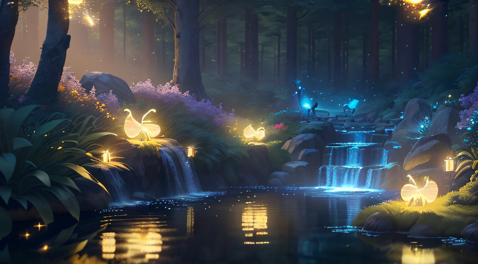 Masterpiece, best quality, (very detailed CG unity 8k wallpaper), (best quality), (best illustration), (best shadows), glow sprite, with a glowing deer, in the swimming pool Drinking water, natural elements in the forest theme. Mysterious forest, beautiful forest, nature, surrounded by flowers, delicate leaves and branches surrounded by fireflies (natural elements), (jungle theme), (leaves), (twigs), (fireflies), (particle effects) etc. 3D , Octane rendering, ray tracing, super detailed