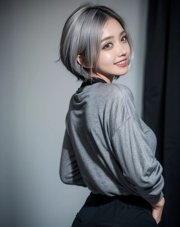 Masterpiece, 8K, award-winning photos, photorealistic, realistic, ultra detailed, ultra high definition, ray tracung,
_
the most beautiful, 22 years old ,(sexy,Japanese idol),(gray hair, short hair:1.3),shiny skin , detailed skin , detailed face , detailed eyes ,
_
looking at viewer,
_
BREAK (droopy eyes, Natural makeup,smile, glistening teeth:1.2), (tshirt Lift:1.3), light color medium large nipples,
_
(glowing blue eyes:1.2), tan skin,
_
BREAK (black theme:1.4),(Very large size black sweatshirt:1.3), (Slim fit pants:1.2),
_
Inorganic concrete studio with windows, highly detailed background, ultra-realistic textures, dramatic lighting ,raw photo, 1girl,
_ from behind,