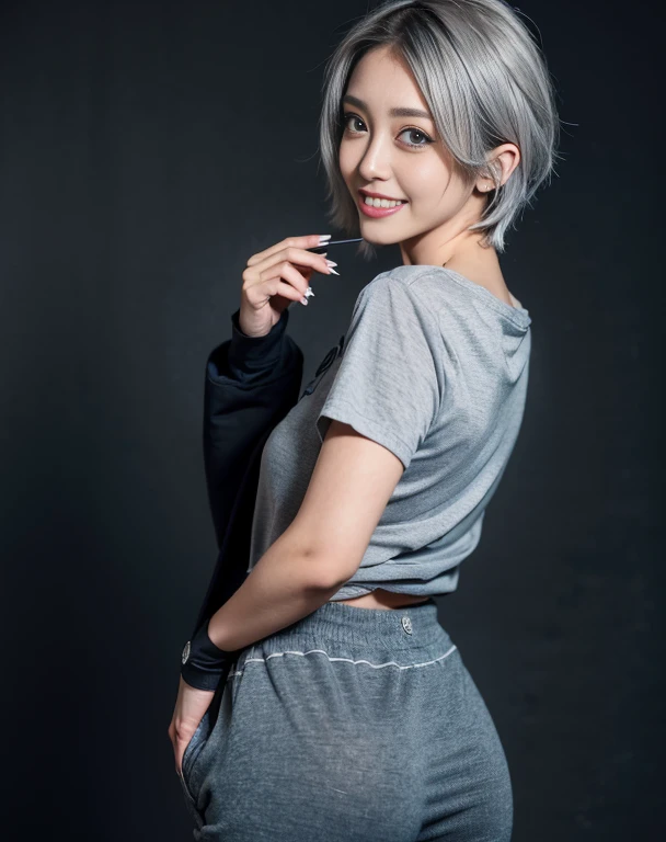 Masterpiece, 8K, award-winning photos, photorealistic, realistic, ultra detailed, ultra high definition, ray tracung,
_
the most beautiful, 22 years old ,(sexy,Japanese idol),(gray hair, short hair:1.3),shiny skin , detailed skin , detailed face , detailed eyes ,
_
looking at viewer,
_
BREAK (droopy eyes, Natural makeup,smile, glistening teeth:1.2), (tshirt Lift:1.3), light color medium large nipples,
_
(glowing blue eyes:1.2), tan skin,
_
BREAK (black theme:1.4),(Very large size black sweatshirt:1.3), (Slim fit pants:1.2),
_
Inorganic concrete studio with windows, highly detailed background, ultra-realistic textures, dramatic lighting ,raw photo, 1girl,
_ from behind,