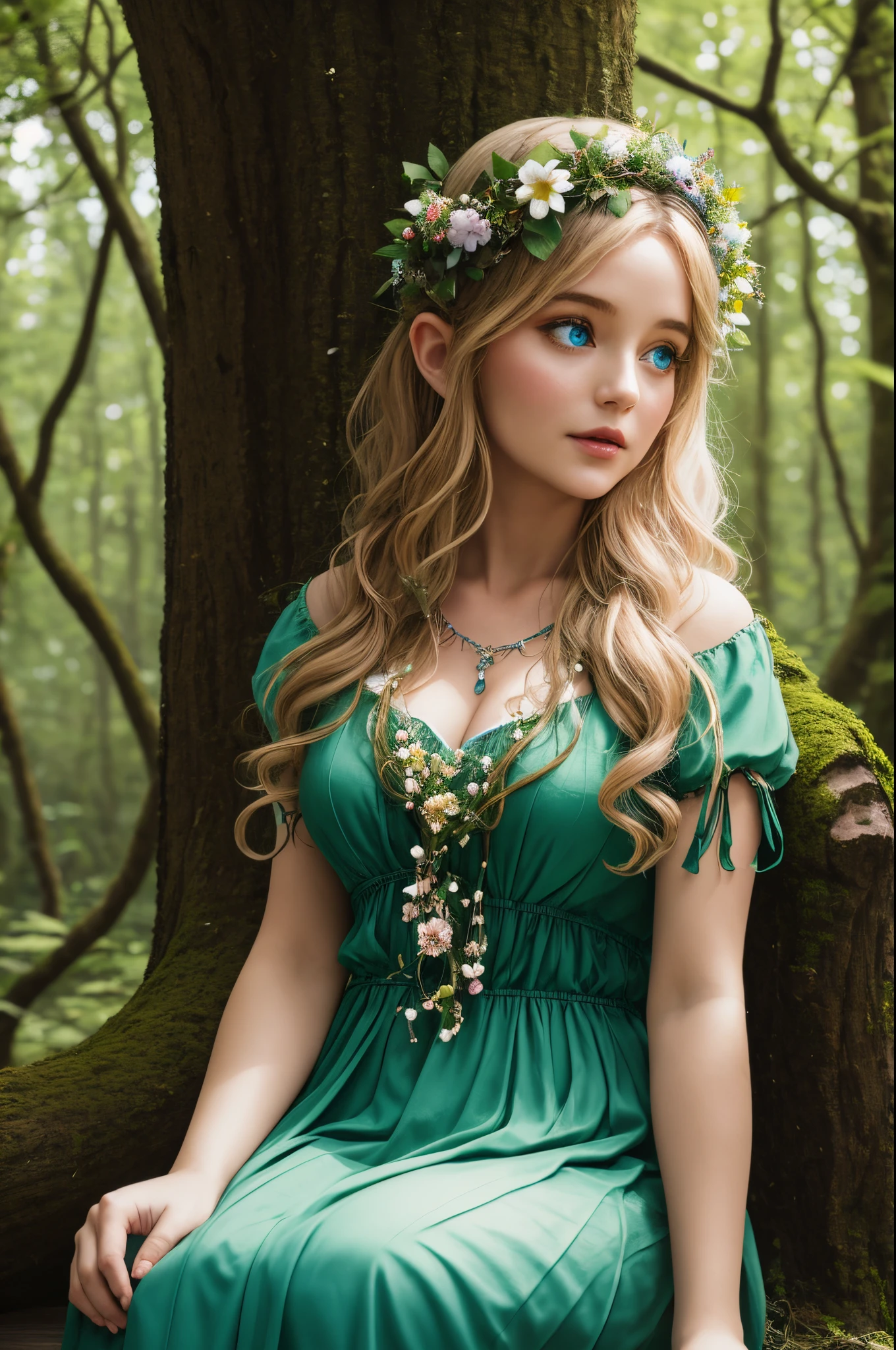 A girl, 35 years old, sitting on a bench in a forest with flowers, fey queen of the summer forest, goddess of the forest, forest fairy, goddess of nature, forest fae, queen of the forest, queen of nature, goddess of spring, a maid in a magical forest, forest soul, the non-binary deity of spring, forest dryad, perfect eyes, beautiful eyes, detailed eyes,