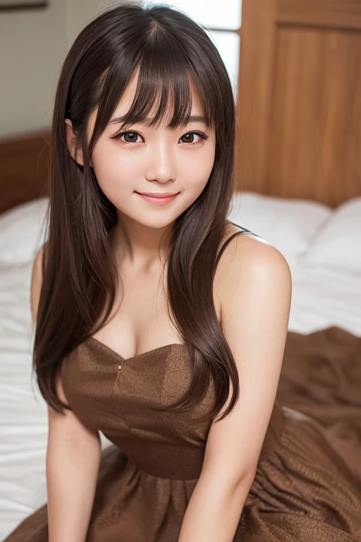 best quality, face focus, soft light, (depth of field) ,ultra high res, (photorealistic:1.4), RAW photo, (portrait:1.4) ,(from front)
1japanese girl, solo, cute, (shy, smile:1.1), (brown eyes),  detailed beautiful face, (midi_hair),
Suite Room, sit,
(formal dress:1.2)