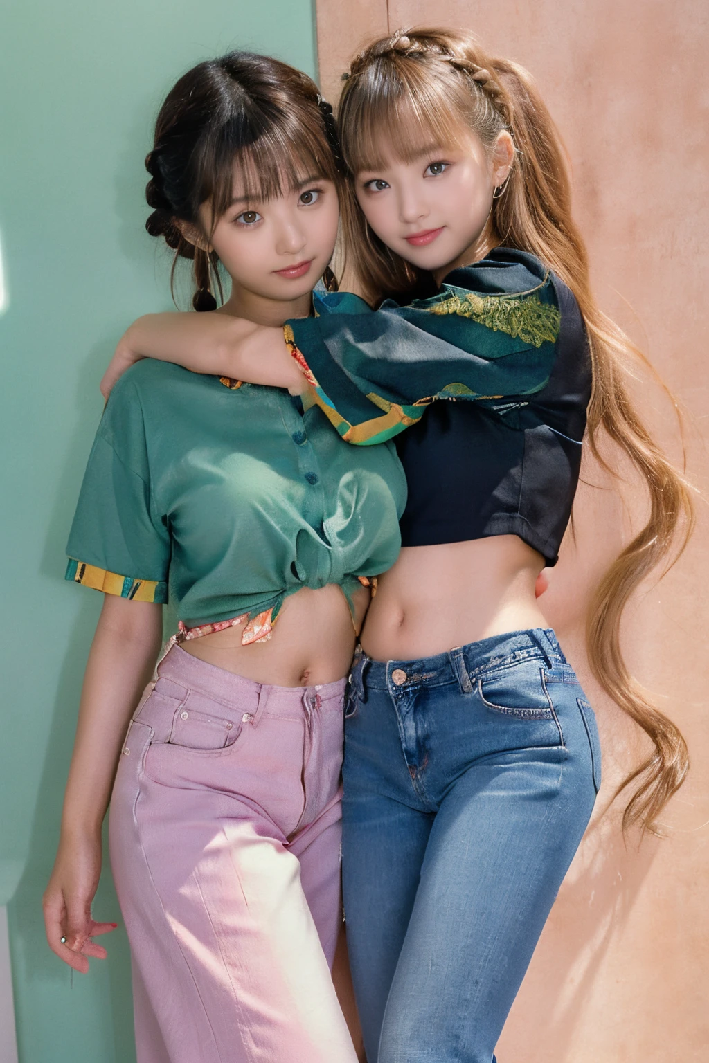 The proportions are the same for all races, All faces and pictures must be different,(ulzzang-6500-v1.3,pureeroface_v1,octane rendering),elegant pose,xxmix girl women, High level of image quality、Like a shot with an SLR、Super detailed illustration of two women, Duo,sisterhood ,sitted,Petting the,closeup portrait,hugs,strabismus:1.4,Depicting the eternal beauty and spirit of two women in 1990. they have a braided hairstyle as used to be in the 80's with lots of thin braids. They wore low-rise jeans and crop tops, 90s clothes. environment in the 1990s, Ms. Schiffer&#39;s work. _电影灯光_v2