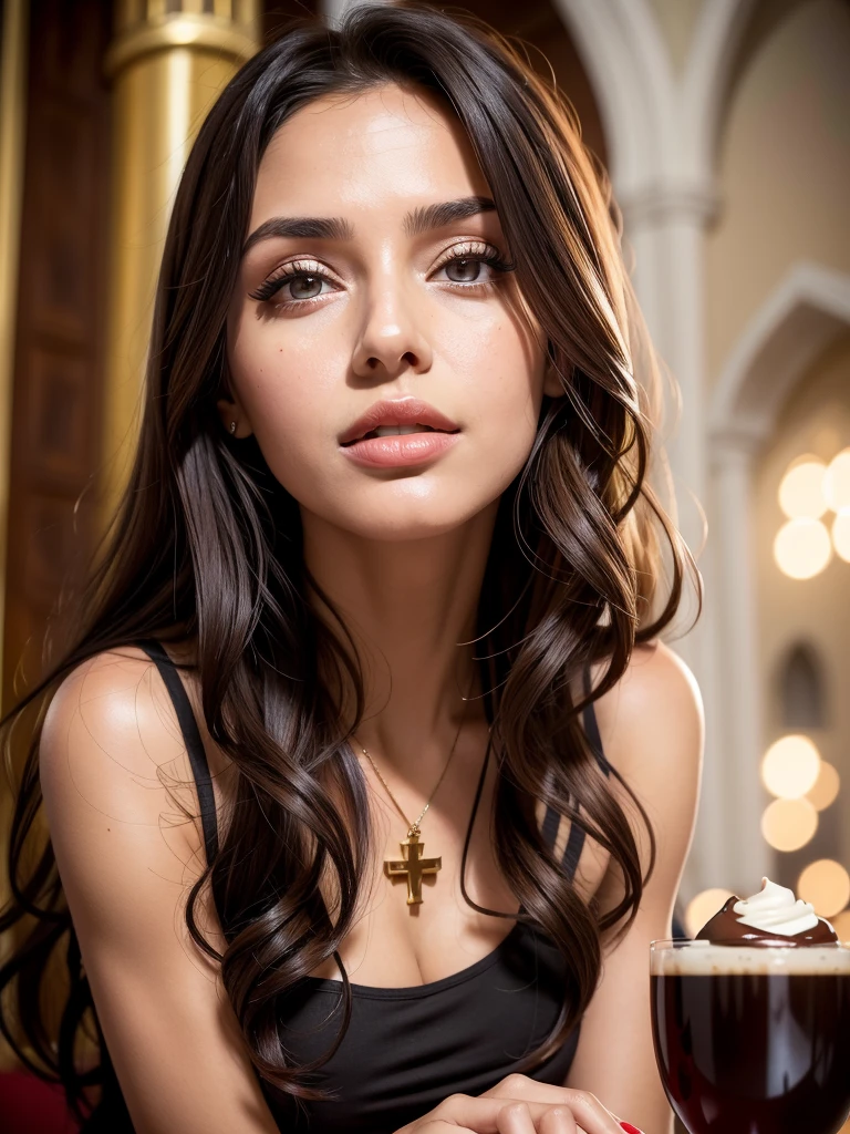 Sexy woman, Albanian, 30 years, cute, neat face, detailed, small neat nose, neat plump lips, big eyes, brown eyes, Alice Milano, long hair, curly hair, natural shine, chocolate hair, full body portrait, look back, without makeup, gorgeous, a nun in a tablecloth, in church, woman in dessert, western hot city girl with charm face, (masterpiece), best quality, high resolution, extremely detailed, depth of field