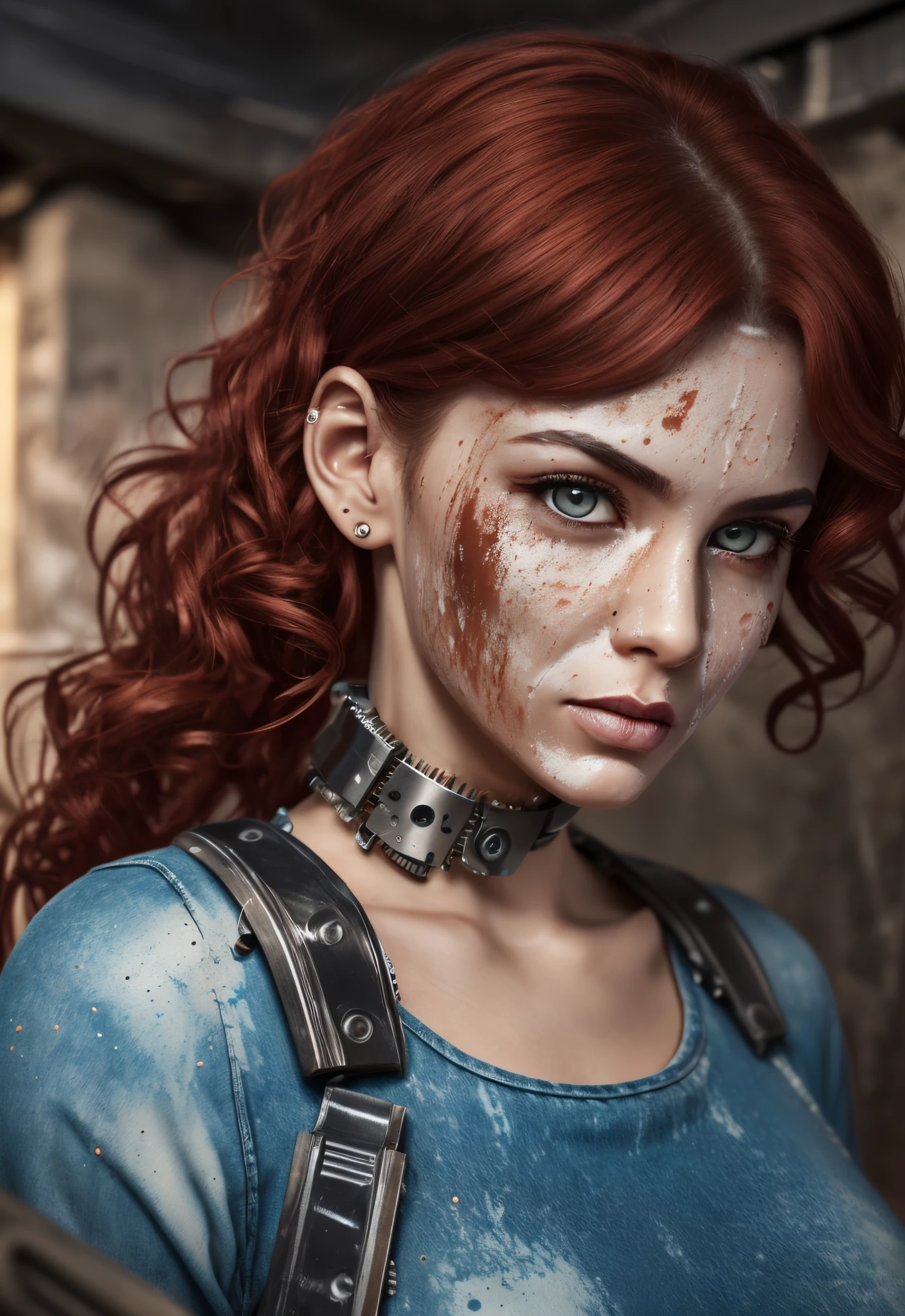 a (((mechanical woman with engine oil stains on her face))), with a fearful expression, with red curly hair, in white clothes, with jeans with women's straps, in a (((old basement) )) and dark with black shadow, and an aurora light illuminating the woman's face, 3D style, cinematic, midjorney, 8K, with frontal position, black engine oil stain, full of grease, ratio: [1024x1024] resolutivo: [1:1], resolution Square, quality UHD --auto --s2