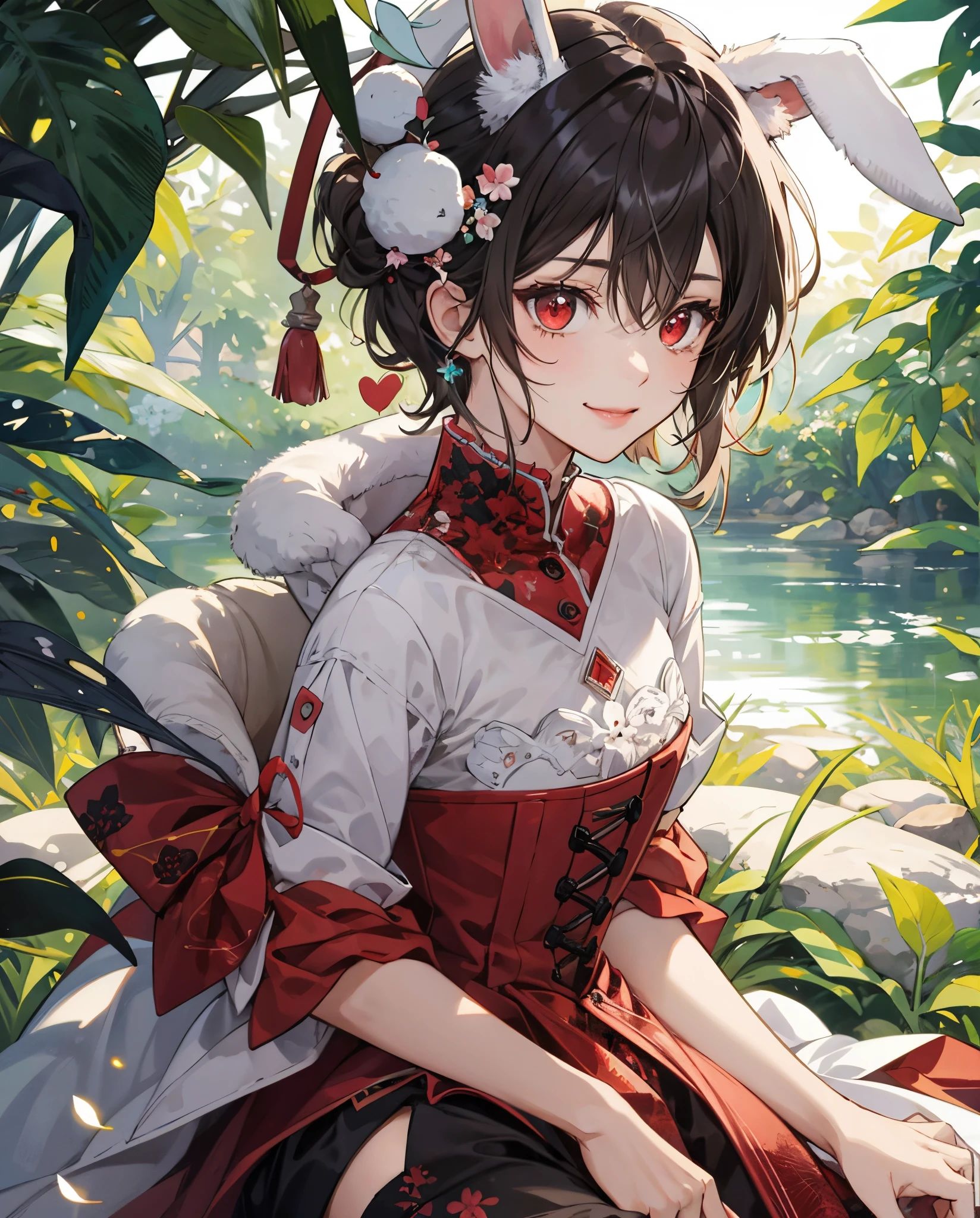ultra-detailliert、、masterpiece、top-quality、超A high resolution、2D Beautiful Girl、animesque、teens girl、greyt hair、short-haired、Rabbit ears、Rabbit tail、Beautiful red eyes、The clothes are also depicted in detail、Eyes are depicted in detail、The face is depicted in detail、sorcerer、soio、Gentle smile、hair adornments、animesque、illustratio