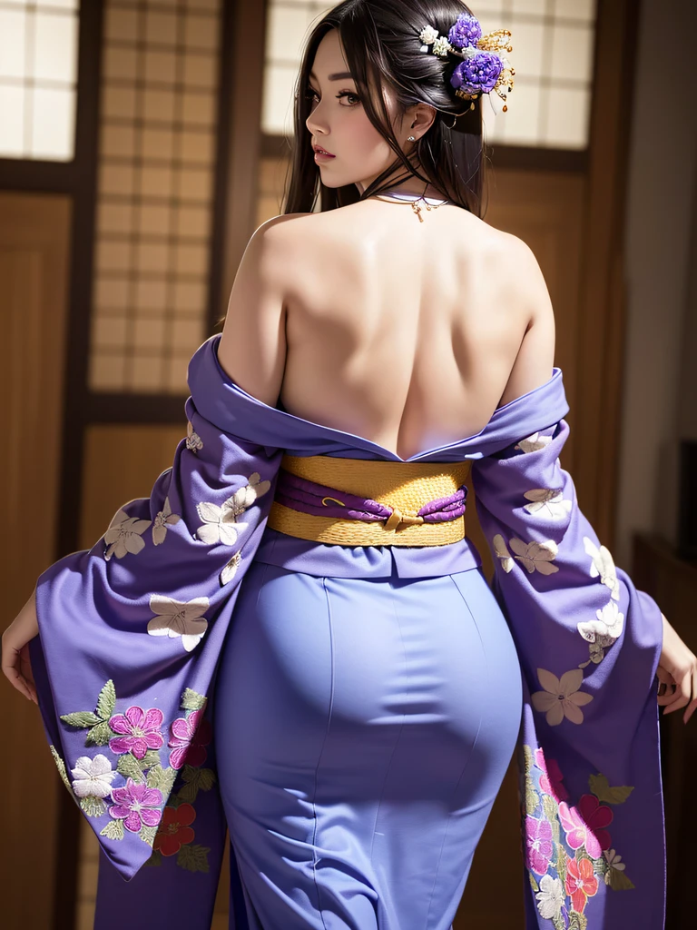 (Beautiful model in Japanese kimono commercial, beautiful straight long black hair), solo, ((face is 80% beauty and elegance, 20% pretty and cute:1.5)), clear eyes, (detailed eyes, light green eyes, bright pupils), Double Eyelids, (sexy lips with a little thickness:1.2), ((super detailed and incredibly high resolution Deep-purple Kimono:1.2)), Highly Detailed Face Texture, striking body shape, curvy and very attractive woman, high-resolution RAW color photo pro photo, BREAK ultra high-resolution textures, High-res body rendering, big eyes, unparalleled masterpiece, incredible high resolution, super detailed, stunning ceramic skin, BREAK ((Facing back to show the pattern of the Kimono:1.5)), ((Wearing a Yohen-Tenmoku kimono that uses a lot of glittering Deep-purple:1.5)), ((The main color is Deep-purple and the Yohen-Tenmoku Kimono has very colorful embroidery:1.2)), (Half-collar and Obi are White) ,(elaborately made classical Japanese Yohen-Tenmoku Kimono), ((The embroidery pattern is a Yohen Tenmoku pattern reminiscent of outer space):1.2), ((elaborately and elegantly decorated Deep-purple Kimono)), (Taken in front of a round fusuma window in a Japanese-style room)) BREAK ((Best Quality, 8k)), Crisp Focus:1.2, (Layer Cut, Big:1.2), (Beautiful Woman with Perfect Figure:1.4), (Beautiful and elegant rear view:1.3), Slender waist, (Correct hand shape:1.5), (Full body shot | cowboy shot)
