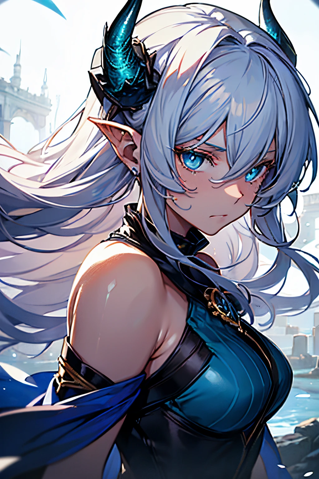 With white hair and Blue eyes,beautiful as a fairy,A melancholy expression that stirs affection,side face,floating hair,light particles,glare,vivid,fancy,dreamlike,a dim atomshpere, ((Dragon Girl)) ((Blue Horns)) ((Dark Fantasy)) ((Elden Ring))