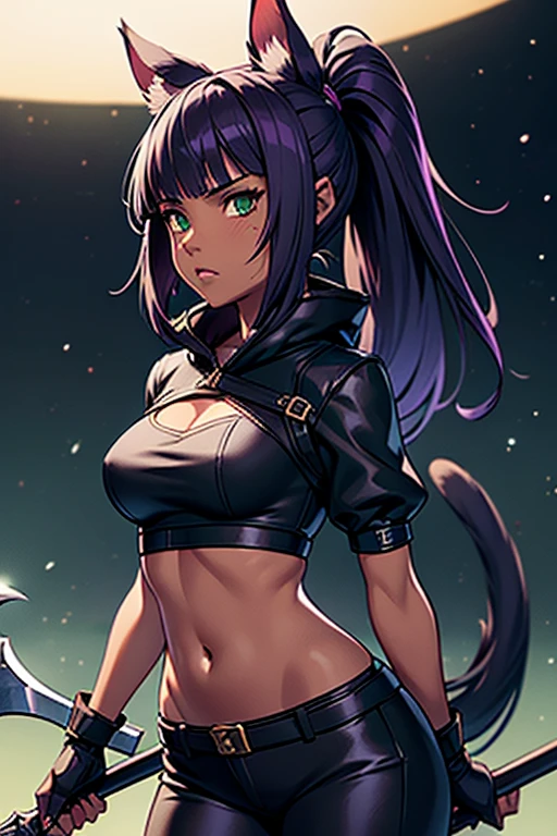 mature female, ninja, purple hair, dark skin, cat ears, small breasts, flat stomach, slim waist, large hips, thick thighs, on all fours, seductive face, dark wood background, moonlight, beautiful shadow and lighting, mesmerising full moon
