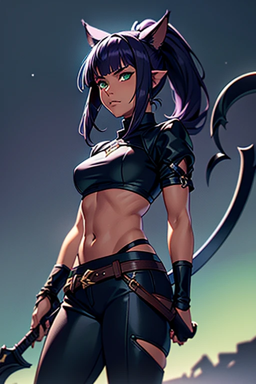 1girl, Miqo'te Final Fantasy 14, Reaper Job, Dark Pants, Dark crop Top, Scythe (weapon) , Black and Purple Hair, Green eyes, Ponytail, Darker Skin Tone, cat tail; no human ears, Portrait, in space,