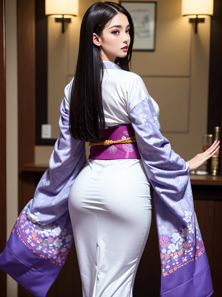 (Beautiful model in Japanese kimono commercial, beautiful straight long black hair), solo, ((face is 80% beauty and elegance, 20% pretty and cute:1.5)), clear eyes, (detailed eyes, light green eyes, bright pupils), Double Eyelids, (sexy lips with a little thickness:1.2), ((super detailed and incredibly high resolution Deep-purple Kimono:1.2)), Highly Detailed Face Texture, striking body shape, curvy and very attractive woman, high-resolution RAW color photo pro photo, BREAK ultra high-resolution textures, High-res body rendering, big eyes, unparalleled masterpiece, incredible high resolution, super detailed, stunning ceramic skin, BREAK ((Facing back to show the pattern of the Kimono:1.5)), ((Wearing a Yohen-Tenmoku kimono that uses a lot of glittering Deep-purple:1.5)), ((The main color is Deep-purple and the Yohen-Tenmoku Kimono has very colorful embroidery:1.2)), (Half-collar and Obi are White) ,(elaborately made classical Japanese Yohen-Tenmoku Kimono), ((The embroidery pattern is a Yohen Tenmoku pattern reminiscent of outer space):1.2), ((elaborately and elegantly decorated Deep-purple Kimono)), (Taken in front of a round fusuma window in a Japanese-style room)) BREAK ((Best Quality, 8k)), Crisp Focus:1.2, (Layer Cut, Big:1.2), (Beautiful Woman with Perfect Figure:1.4), (Beautiful and elegant rear view:1.3), Slender waist, (Correct hand shape:1.5), (Full body shot | cowboy shot)