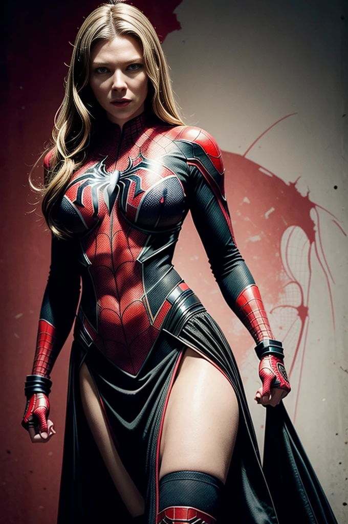 Anna Torv、Sticking out the navel、newyork、She wears a torn Spider-Man suit,wearing skirt、 Red and black color scheme,Dynamic、masterpiece、top-quality、ultra-detailliert、ighly detailed、beautiful detailed brilliance、超A high resolution