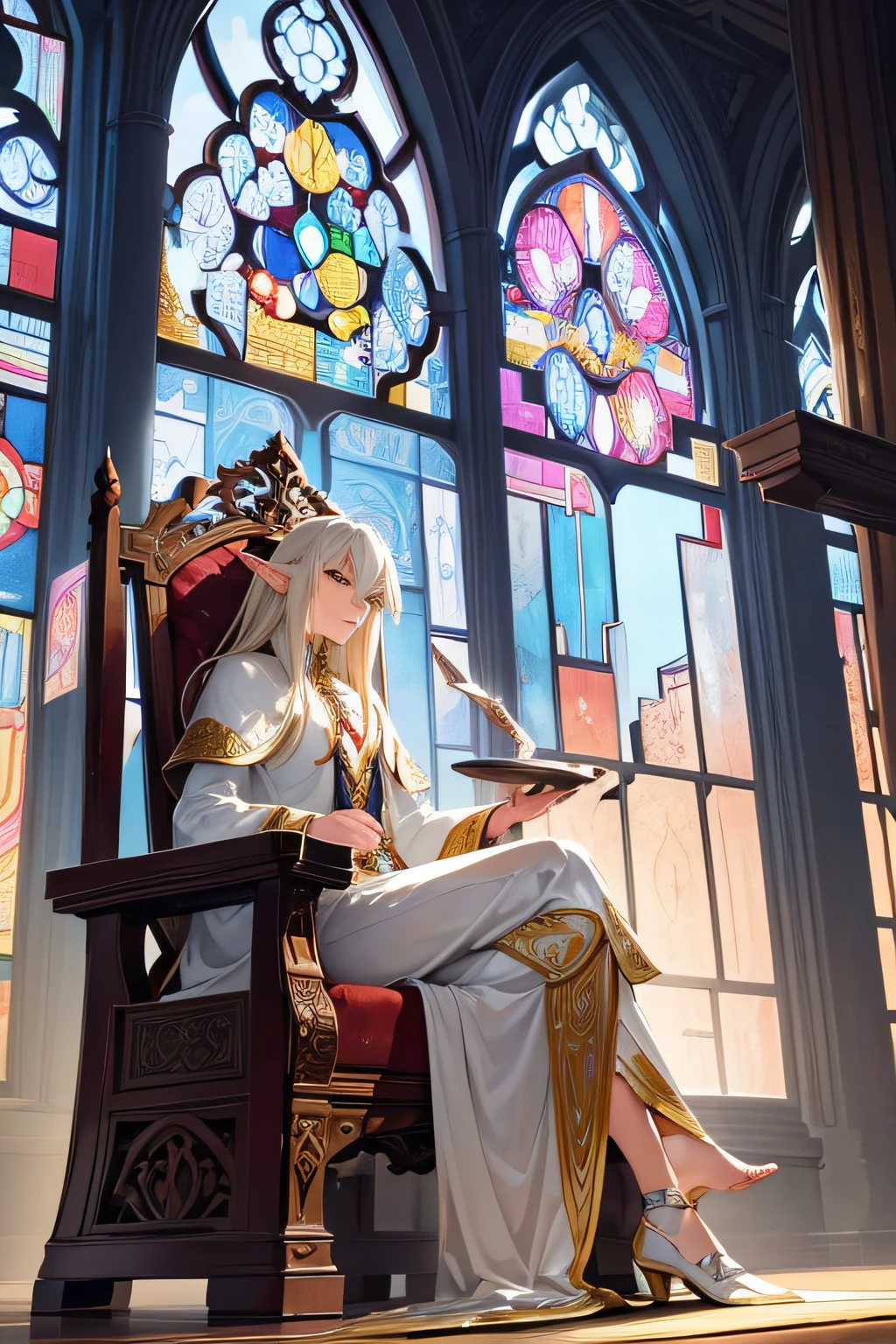 Create an anime-style illustration featuring a male white elf seated elegantly on the big throne in majestic room. The elf should be adorned in a magnificent, intricately detailed white batik outfit with patterns throughout, exuding grace and charm. The backdrop should showcase a large medieval-style window, offering a stunning view of the outside world. The desired perspective for the illustration is from a low angle to convey a sense of grandeur and heroism. Additionally, please include fantasy elements that enhance the elegance and power of this character.