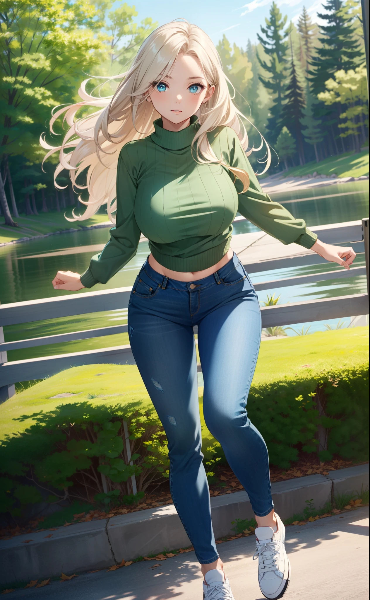 ultra high resolution, (dynamic angle, seductive pose:1.2), outdoors, downtown, (legs focus, full body:1.3), (beautiful face, beautiful eyes, beautiful legs), not safe for work, reading a book,
1girl, 20 year old, european, white skin, blonde hair, straight hair, long hair, forehead, blue eyes, reading glasses, seductive smile, looking at viewer, (green sweater), long sleeves, hard nipples, skinny, thin waist, (jeans pants, super skinny jeans, blue jeans), white sneakers