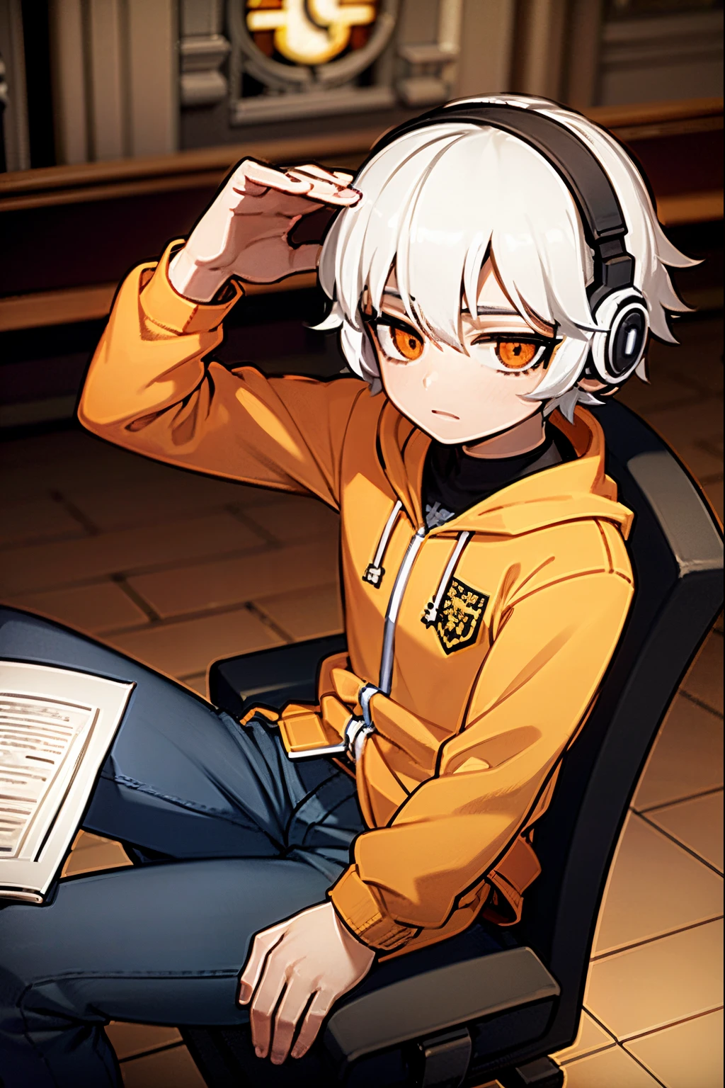 boy, medium hair cut, blwhite hair, wearing headphones, orange moleton jacket, black pants, 4k, in a church, sit in one chair, ivory church, blue vitral in bacckground, masterpiece, 4k, HD