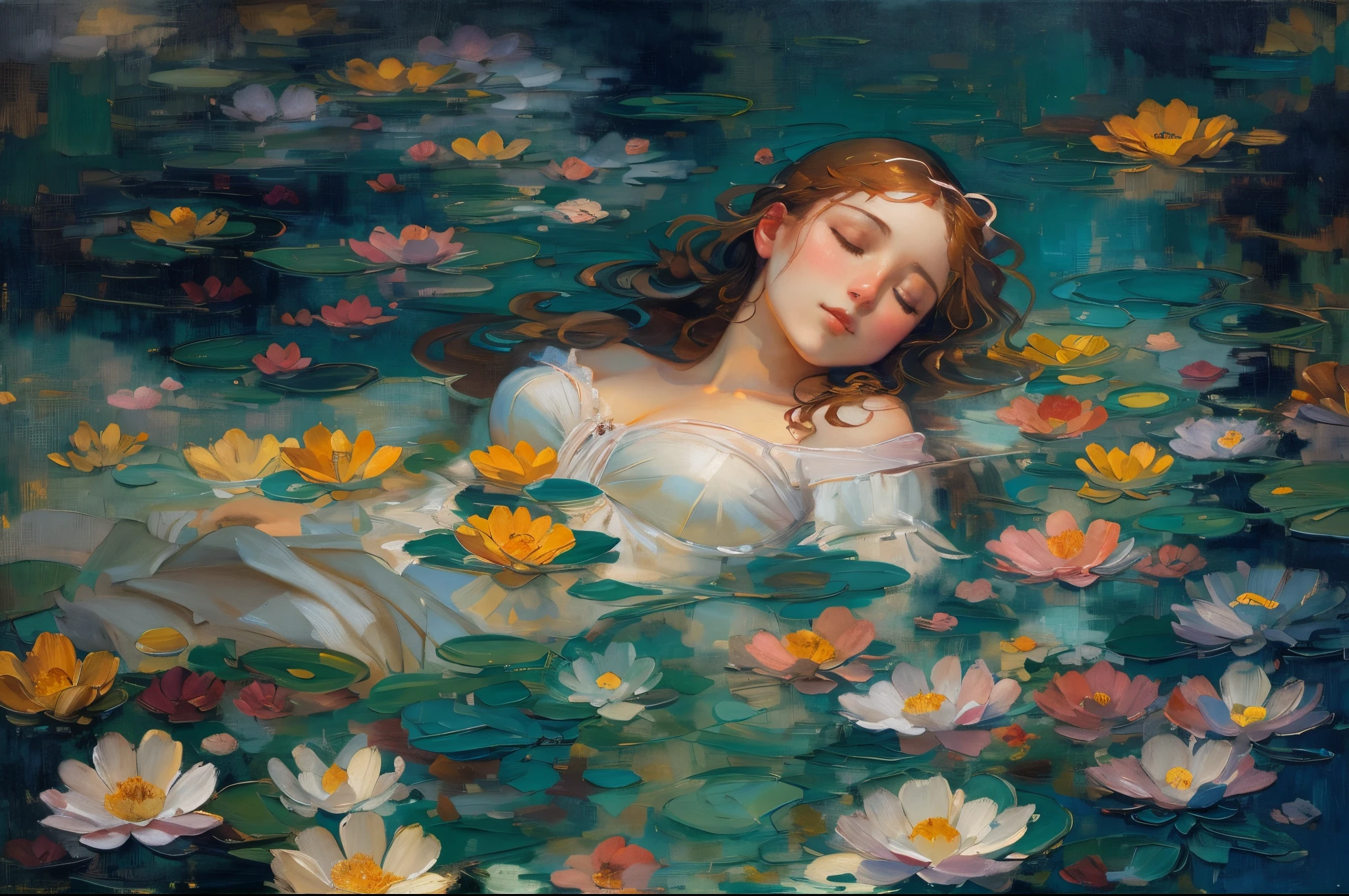 (Best quality at best,8K,A high resolution,tmasterpiece:1.2),oil painted,（（（A girl floating in the water））），《Ophelia》，With his eyes closed，Surrounded by flowers, A beautiful artistic illustration, serene illustration, Guviz style artwork, Vibrant colors, Delicate brushstrokes, ethereal lighting, detailedfacialfeatures, floated hair, Wonderful atmosphere, Reflection of water, subtletextures, beautiful postures, calm expression, Surreal elements, enchanting landscape, attractive beautiful, Subtle emotions, Mesmerizing composition, rich palette, exquisite detailing, enchanting atmosphere.