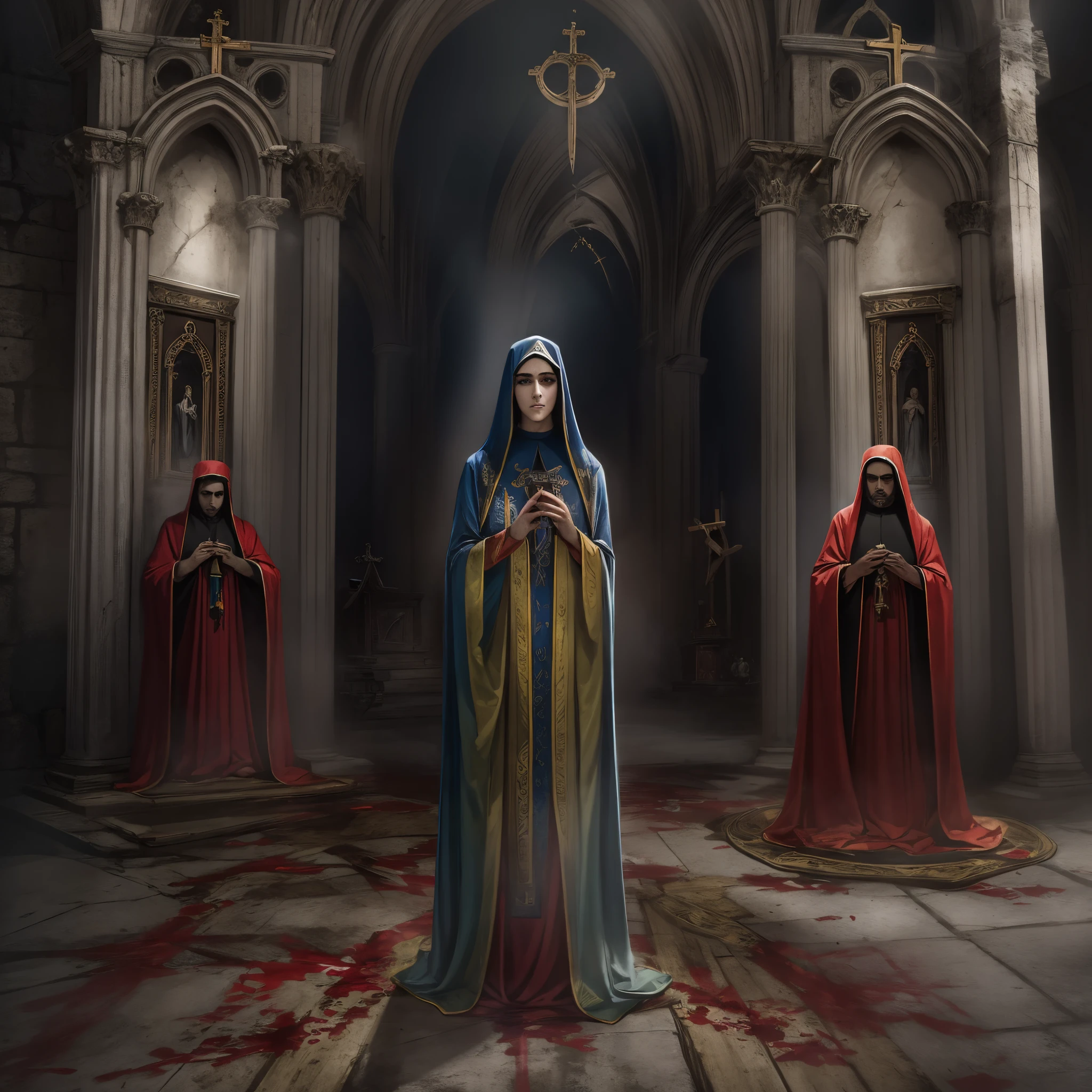 Monja de sangre,oscuro y tetrico ambiente,iglesia vieja con cristaleras biblicas,mujer hermosa con ojos rojos y penetrantes,1mujer rodeada de espiritus etereos,oscuridad eterna y profunda,fantasmas penitentes,grupo de espiritus humanoides