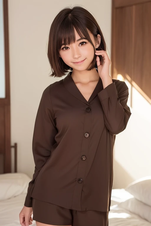 top-quality、Face Focus、softlight、(depth of fields)、超A high resolution、(Photorealsitic:1.4)、Raw photography、(portlate:1.4)、(from the front side) 1 Japan Girls、独奏、cute little、(full of shyness、A smile: 1.1)、(Brown-eyed)、detailed beautiful faces、(Short_hair)、Bedrooms、sleep、(formal clothes:1.2)